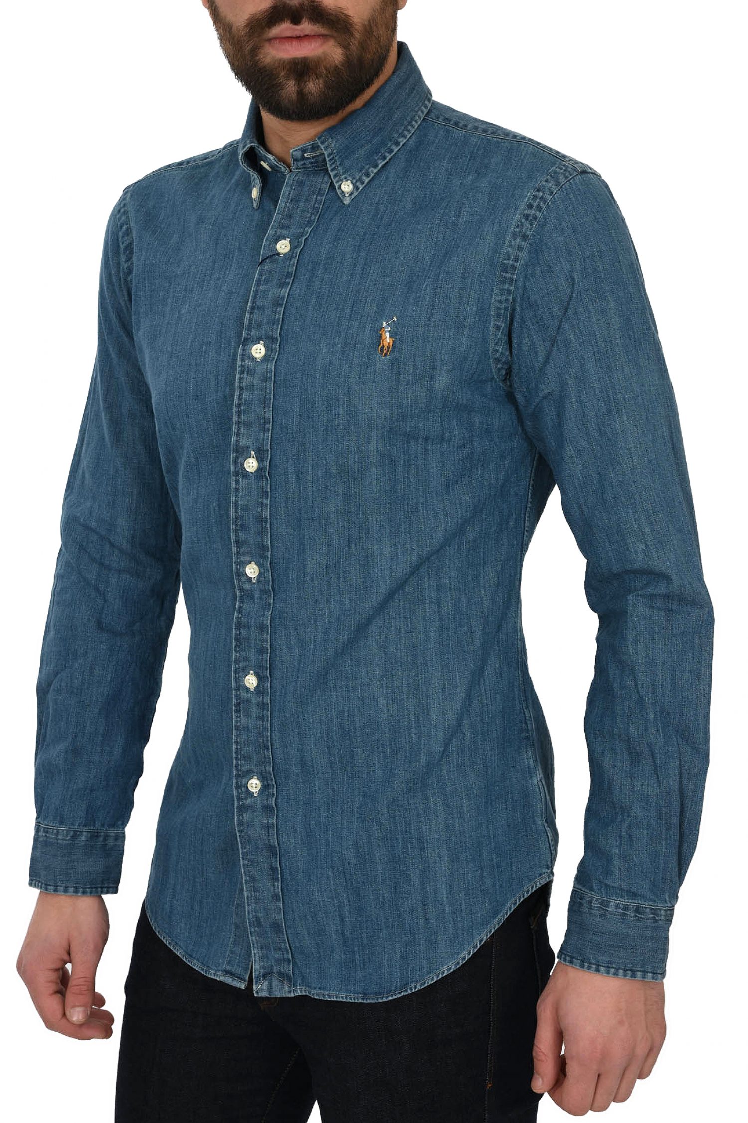 RALPH LAUREN ΠΟΥΚΑΜΙΣΟ BUTTON DOWN JEANS SLIM FIT DENIM BSR ΜΠΛΕ