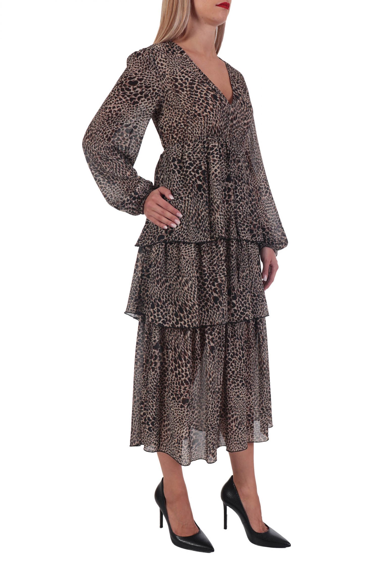 RELISH ΦΟΡΕΜΑ OREN ABITO ANIMAL PRINT V-NECK ΒΟΛΑΝ ΚΑΦΕ