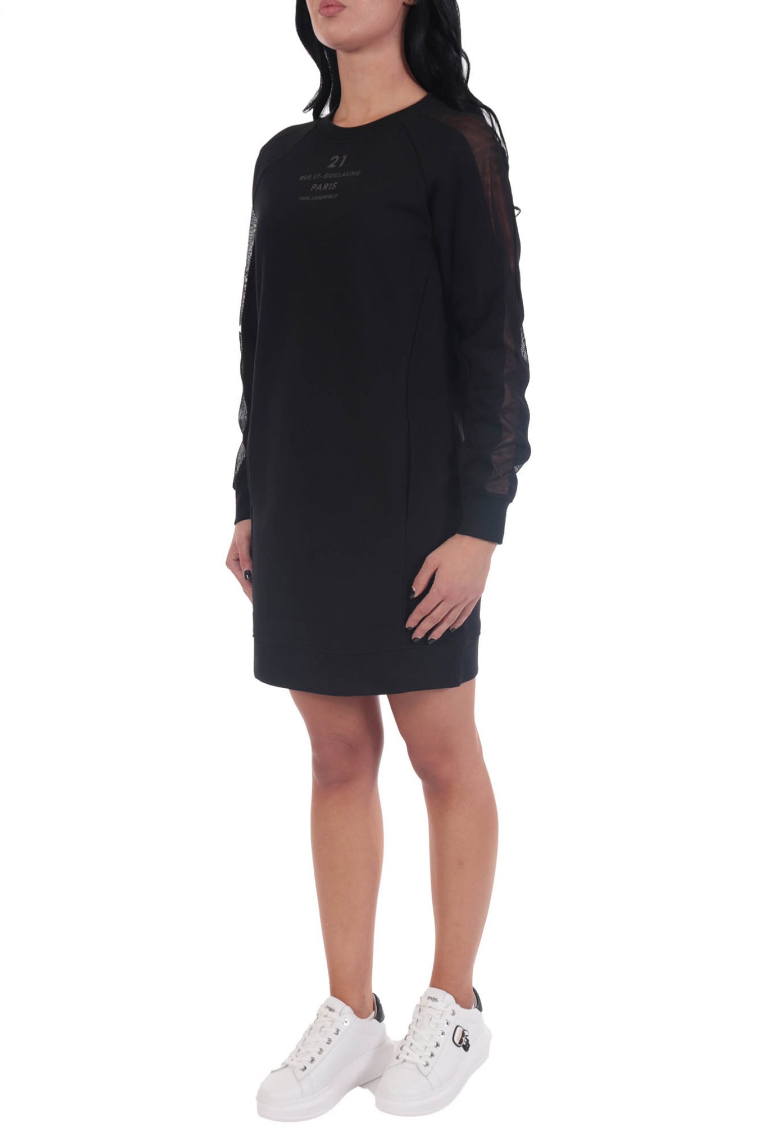KARL LAGERFELD ΦΟΡΕΜΑ SWEAT DRESS W/MESH ΔΙΑΦΑΝΕΙΑ ΜΑΝΙΚΙ ΜΑΥΡΟ