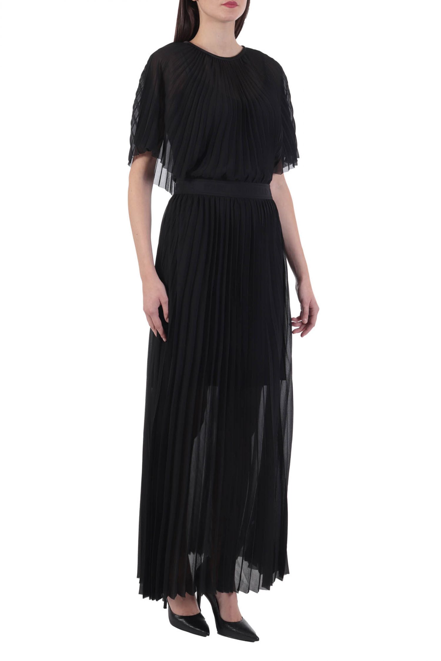 KARL LAGERFELD ΦΟΡΕΜΑ PLEATED MAXI DRESS ΖΩΝΗ LOGO ΜΑΥΡΟ