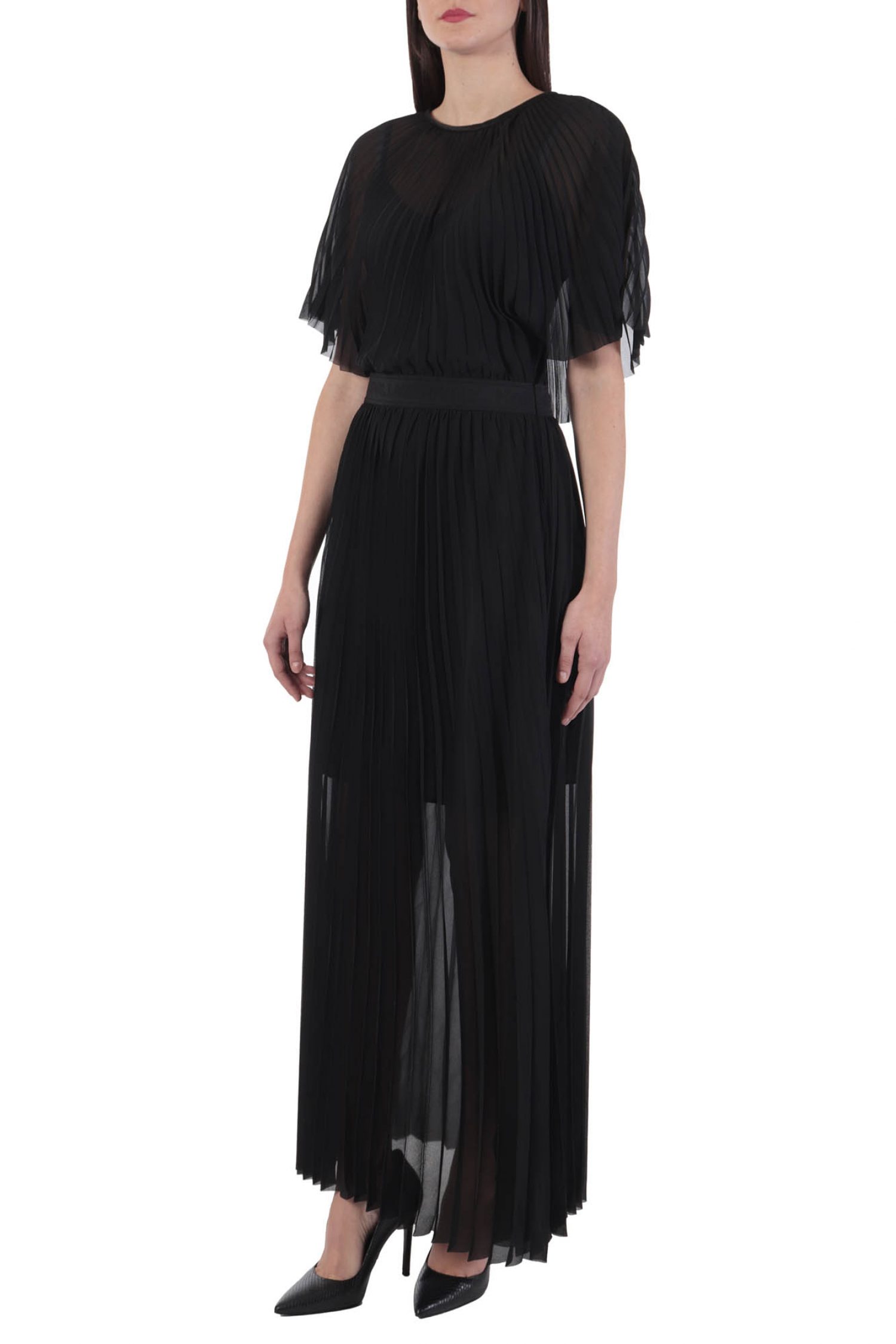 KARL LAGERFELD ΦΟΡΕΜΑ PLEATED MAXI DRESS ΖΩΝΗ LOGO ΜΑΥΡΟ