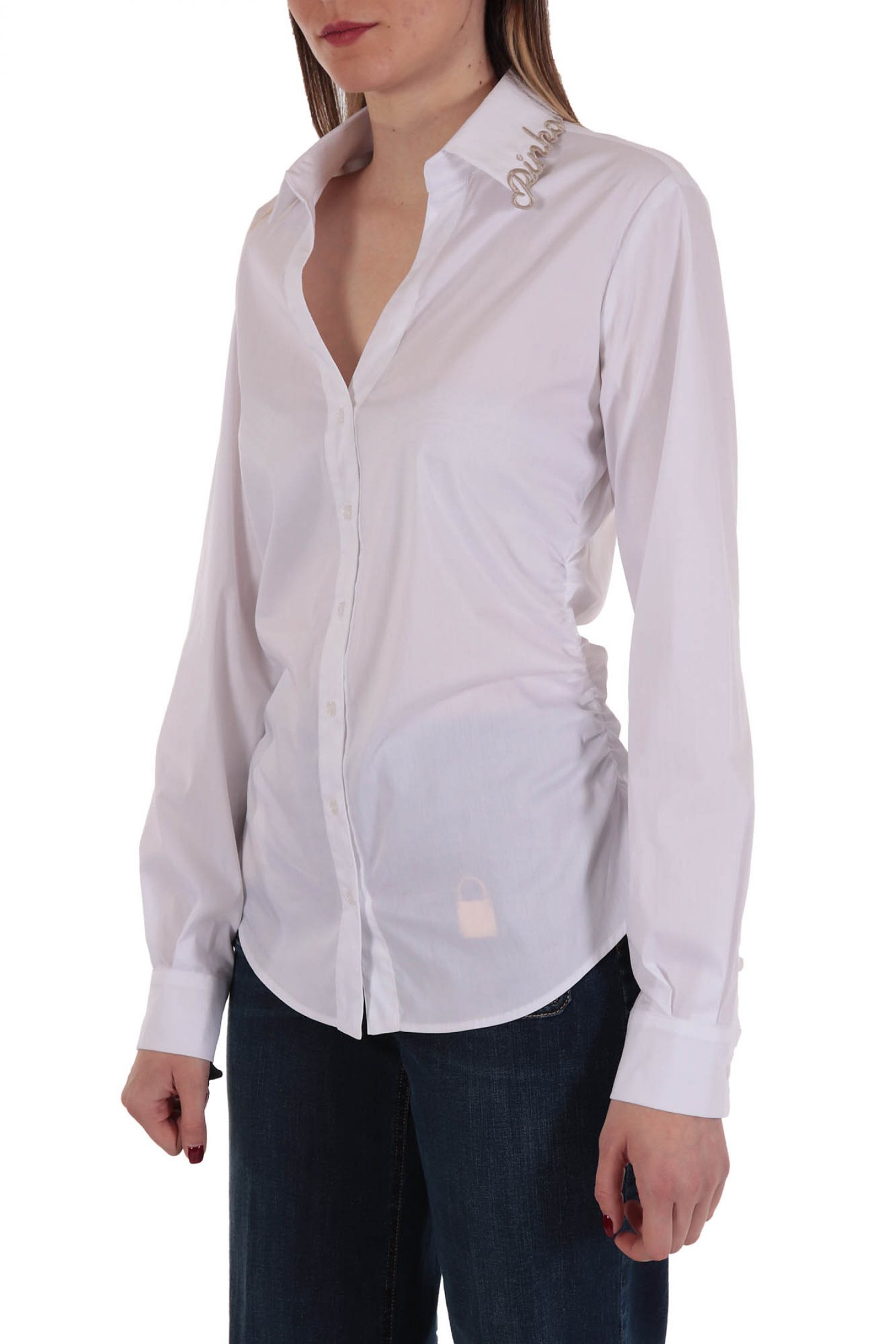 PINKO PINKO ΠΟΥΚΑΜΙΣΟ CASERTA CAMICIA POPELINE CAMICIA ΓΙΑΚΑΣ V-NECK LOGO ΛΕΥΚΟ - 4