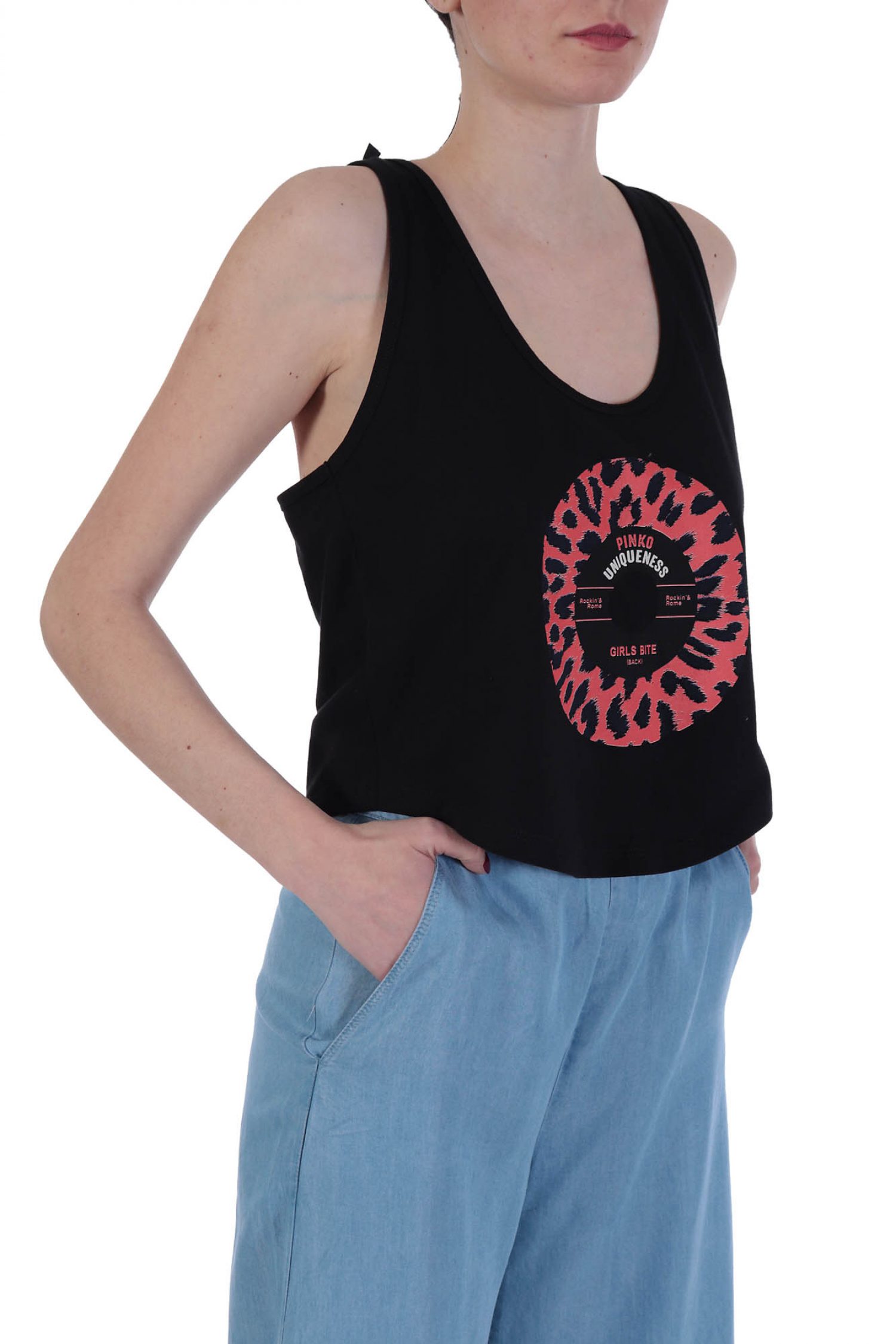 PINKO TOP BAMBUSA CANOTTA ΣΤΑΜΠΑ PINKO UNIQUENESS ΜΑΥΡΟ