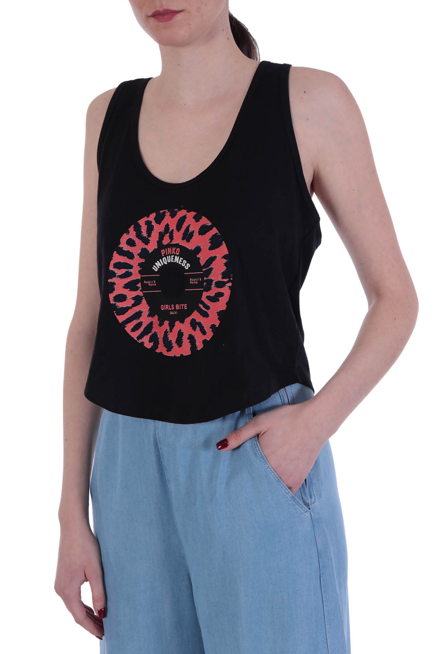 PINKO TOP BAMBUSA CANOTTA ΣΤΑΜΠΑ PINKO UNIQUENESS ΜΑΥΡΟ