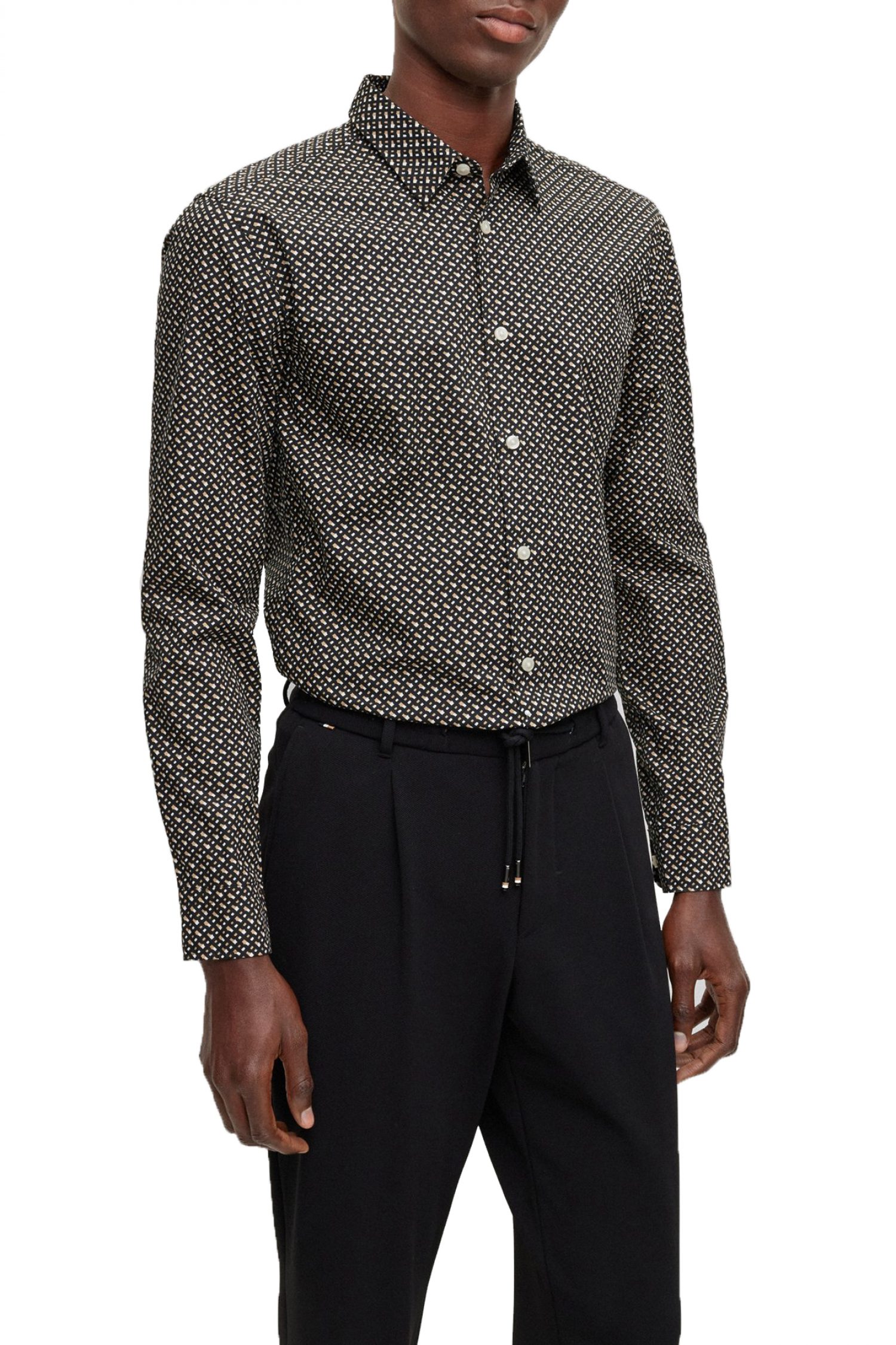 BOSS ΠΟΥΚΑΜΙΣΟ ALLOVER LOGO SLIM FIT ROGER_F ΜΑΥΡΟ-ΜΠΕΖ-ΛΕΥΚΟ φωτογραφία