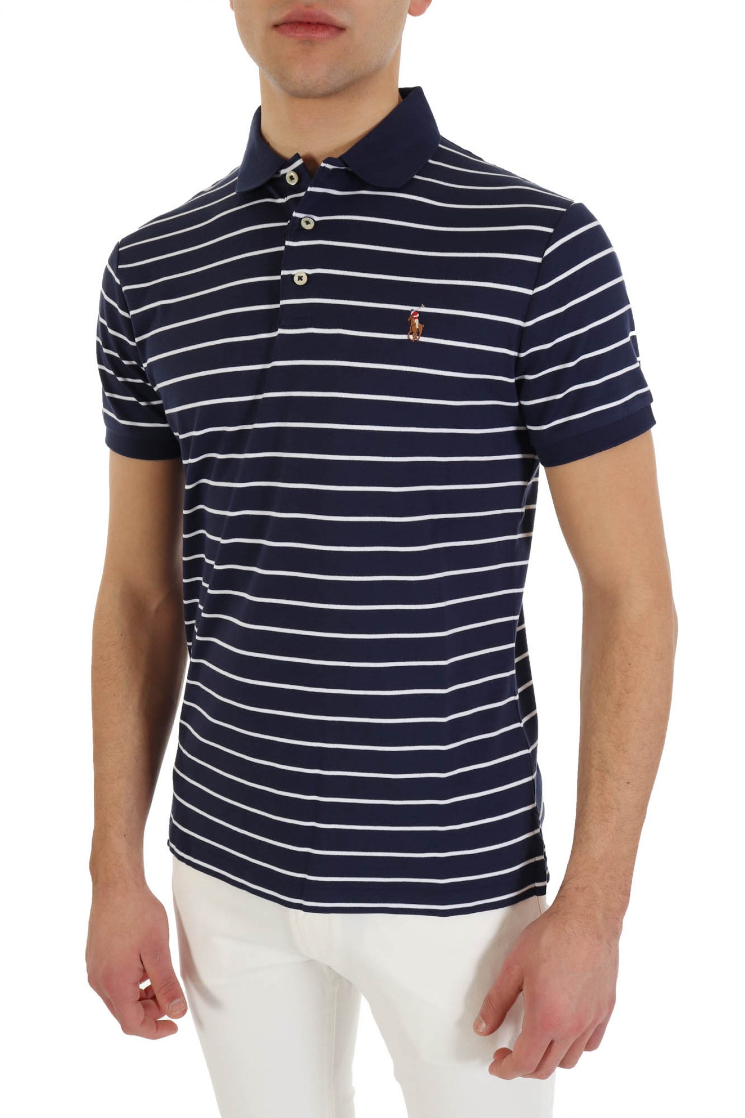 RALPH LAUREN POLO ΡΙΓΕ INTERLOCK CUSTOM SLIM FIT LOGO ΜΠΛΕ-ΛΕΥΚΟ