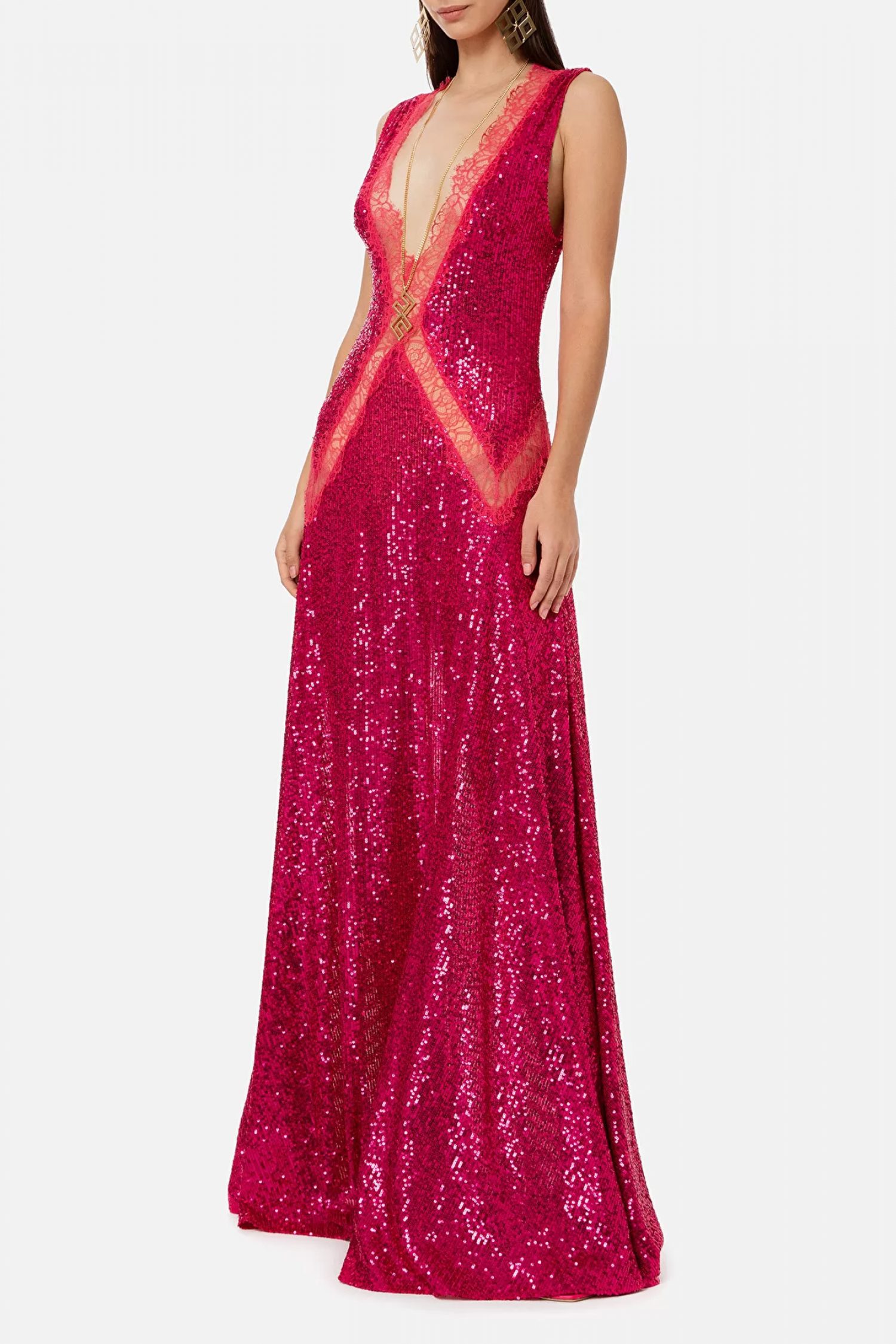 ELISABEΤΤA FRANCHI RED CARPET ΦΟΡΕΜΑ MAXI V-NECK ΔΑΝΤΕΛΑ ΠΑΓΙΕΤΑ ΦΟΥΞΙΑ φωτογραφία