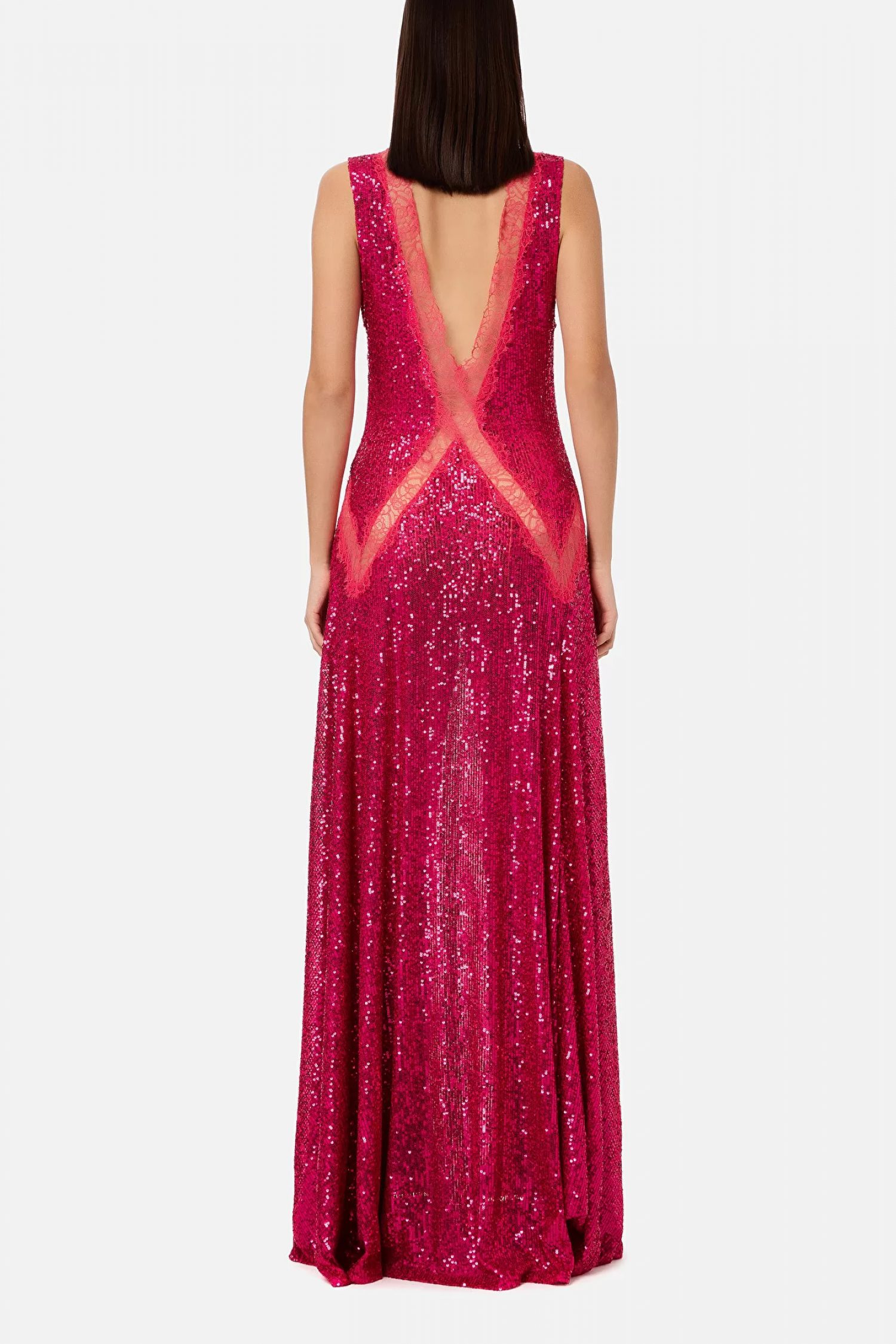 ELISABEΤΤA FRANCHI RED CARPET ΦΟΡΕΜΑ MAXI V-NECK ΔΑΝΤΕΛΑ ΠΑΓΙΕΤΑ ΦΟΥΞΙΑ φωτογραφία