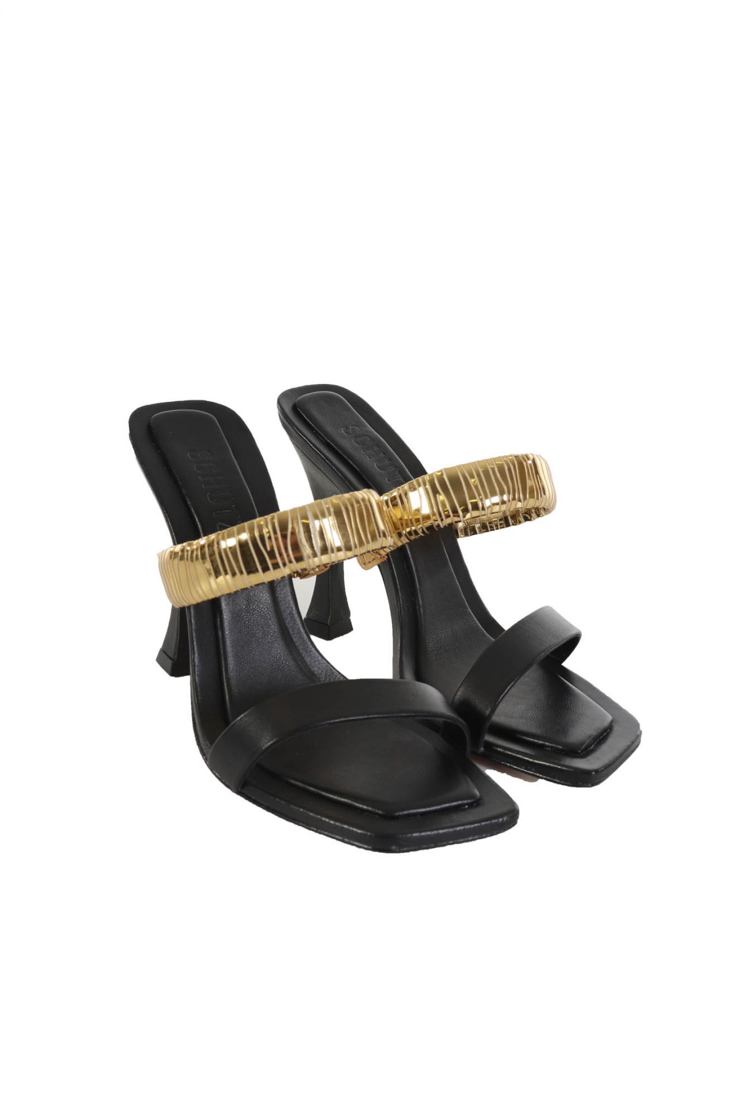 SCHUTZ ΠΑΠΟΥΤΣΙΑ MULES XΡΥΣΟ ΛΟΥΡΑΚΙ ΜΑΥΡΟ