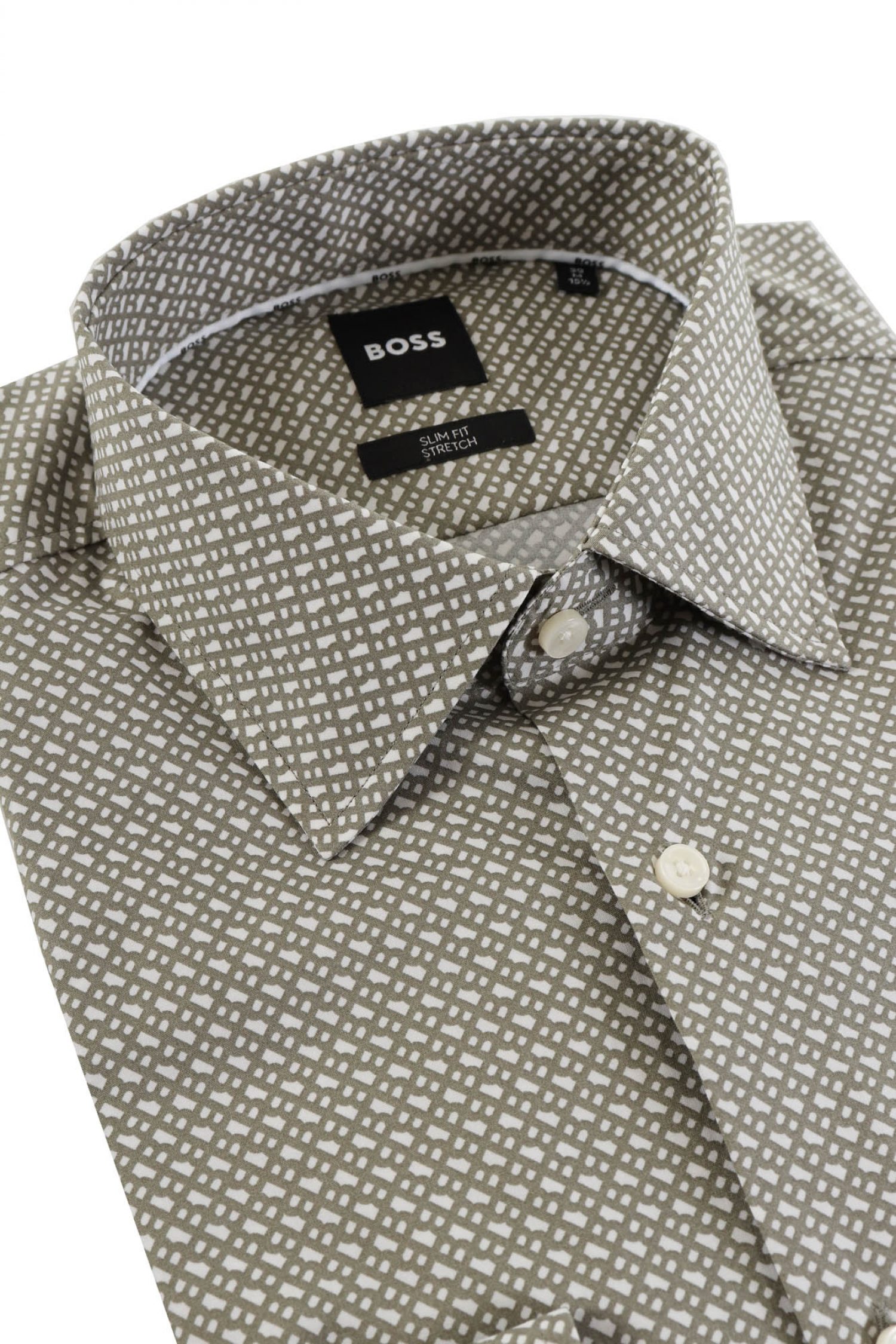 BOSS ΠΟΥΚΑΜΙΣΟ ALLOVER LOGO SLIM FIT STRETCH H-HANK-KENT-C1-214 ΧΑΚΙ-ΛΕΥΚΟ φωτογραφία