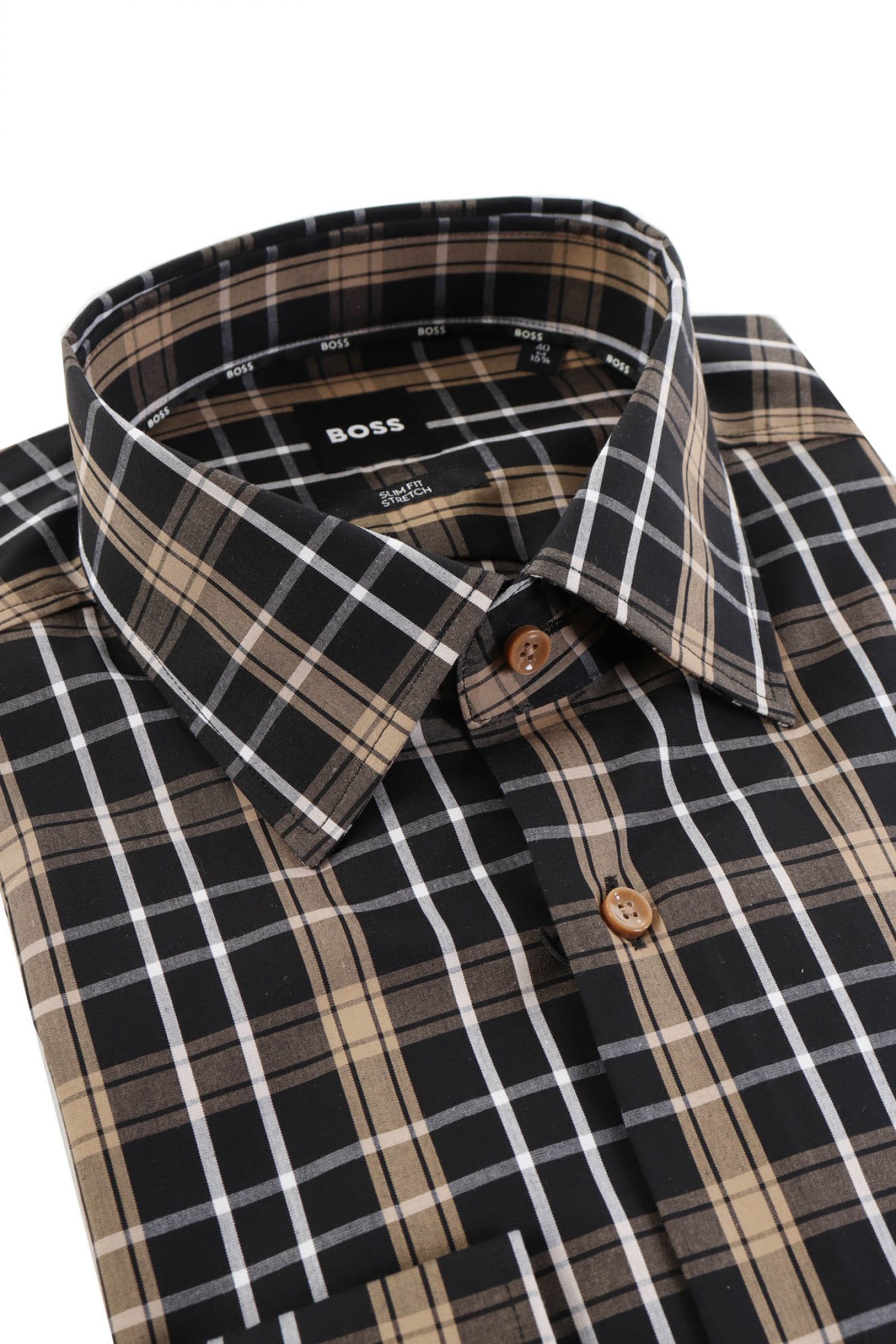 BOSS ΠΟΥΚΑΜΙΣΟ ΚΑΡΩ SLIM FIT STRETCH H-HANK-KENT-C1-214 ΜΠΕΖ-ΜΑΥΡΟ φωτογραφία