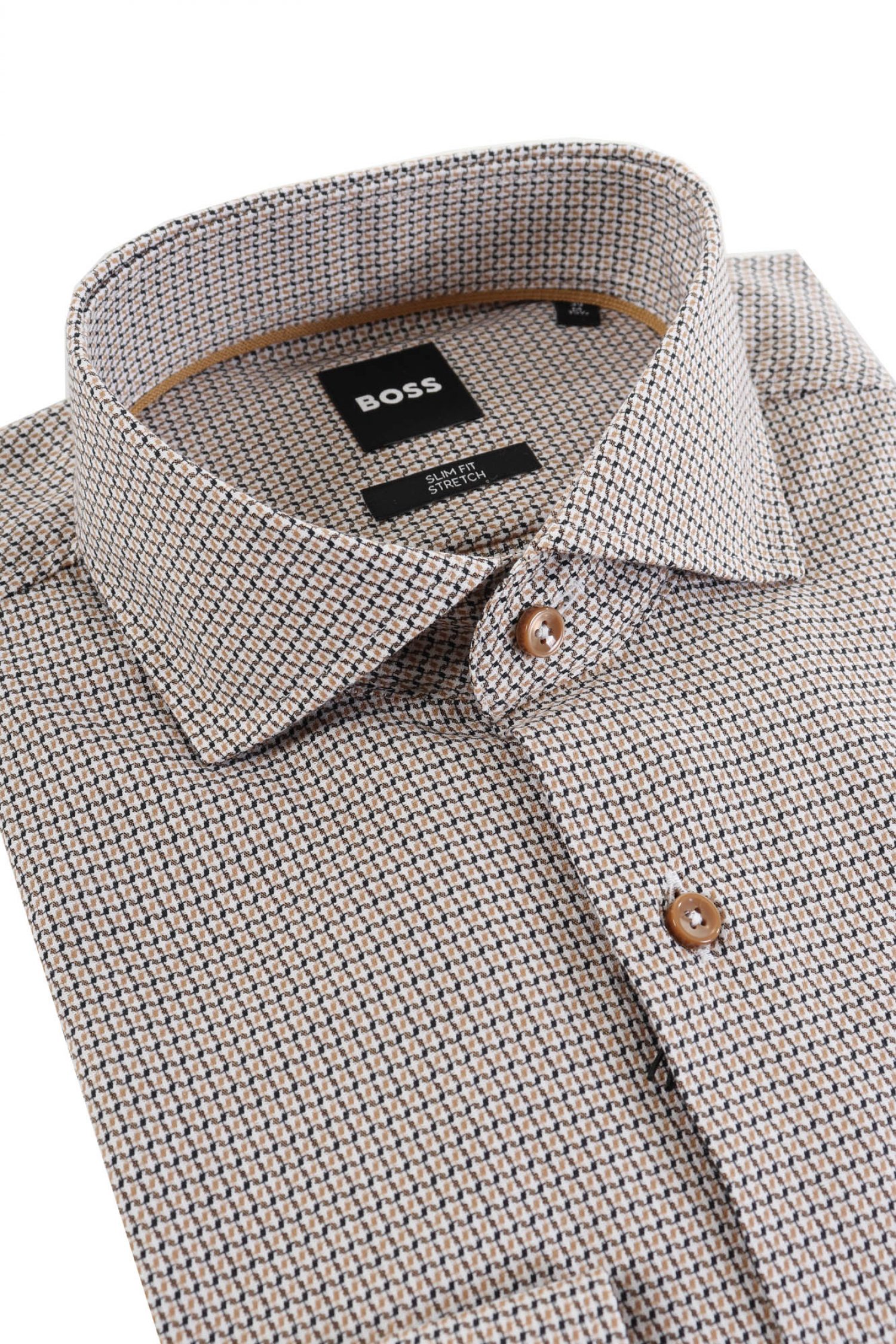 BOSS ΠΟΥΚΑΜΙΣΟ SLIM FIT STRETCH ΜΙΚΡΟΣΧΕΔΙΟ ΚΑΦΕ