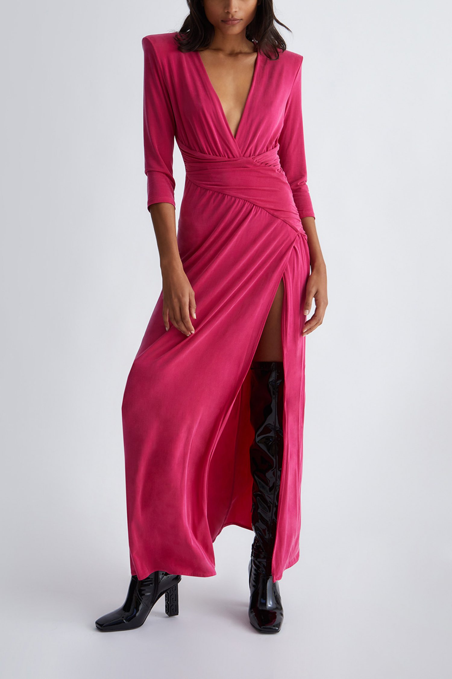 LIU -JO ΦΟΡΕΜΑ MAXI ΤΡΟΥΑΚΑΡ ΜΑΝΙΚΙ V-NECK ΑΝΟΙΓΜΑ ΠΛΑΙ ΣΚΟΥΡΟ ΡΟΖ φωτογραφία