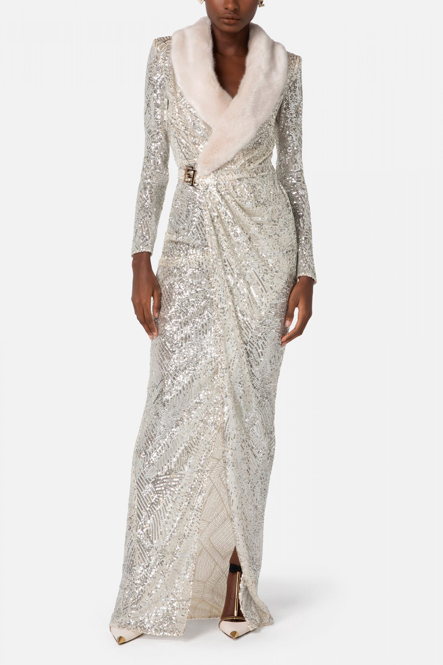 ELISABETTA FRANCHI ΦΟΡΕΜΑ RED CARPET MAXI ΠΑΓΕΤΑ ΖΩΝΗ LOGO ΑΠΟΣΠΩΜΕΝΗ ΓΟΥΝΑ ΕΚΡΟΥ