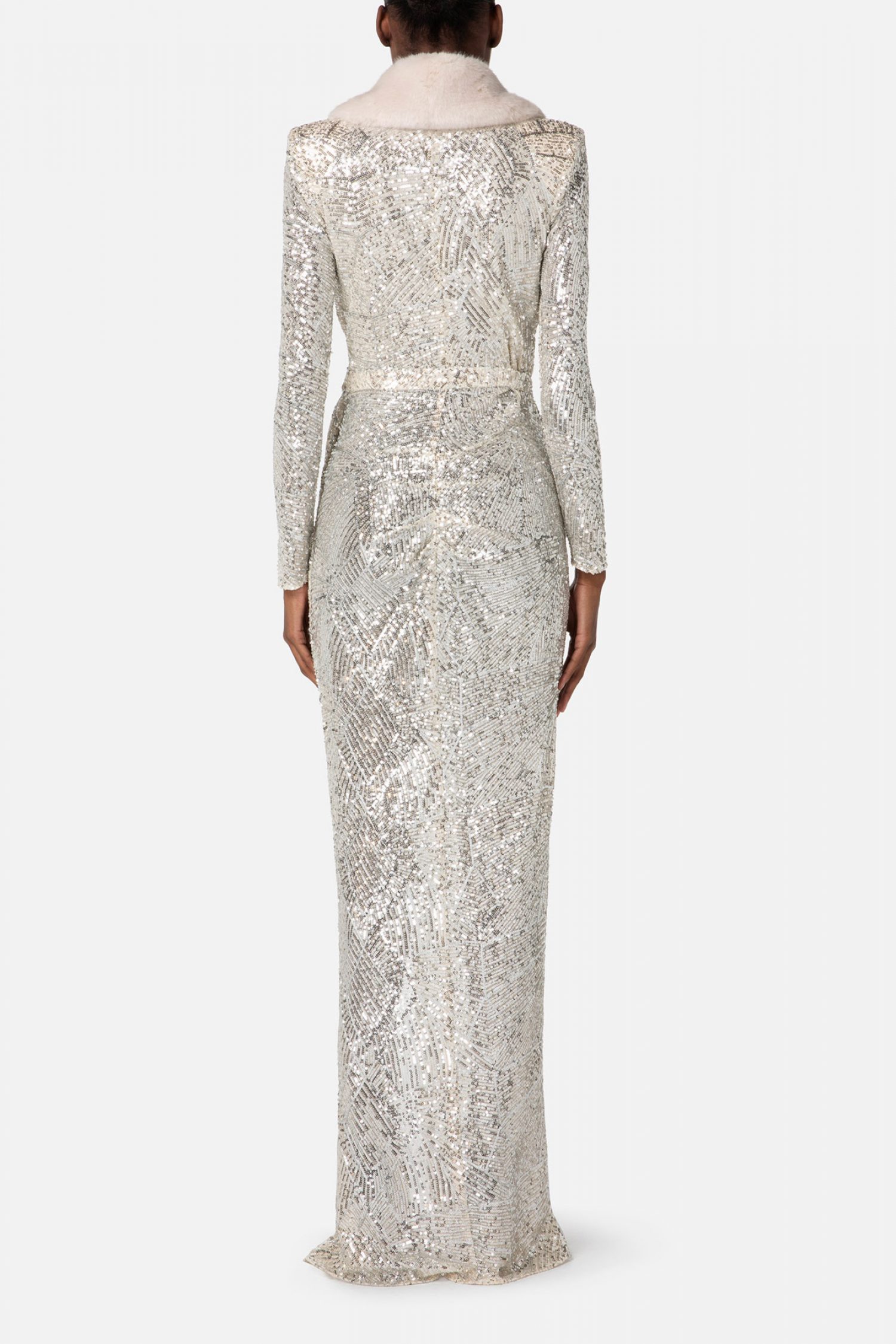 ELISABETTA FRANCHI ΦΟΡΕΜΑ RED CARPET MAXI ΠΑΓΕΤΑ ΖΩΝΗ LOGO ΑΠΟΣΠΩΜΕΝΗ ΓΟΥΝΑ ΕΚΡΟΥ