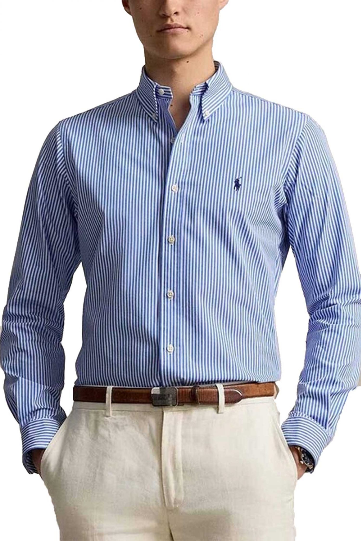 RALPH LAUREN ΠΟΥΚΑΜΙΣΟ ΡΙΓΕ BUTTON DOWN CUSTOM FIT STRETCH ΣΙΕΛ-ΛΕΥΚΟ
