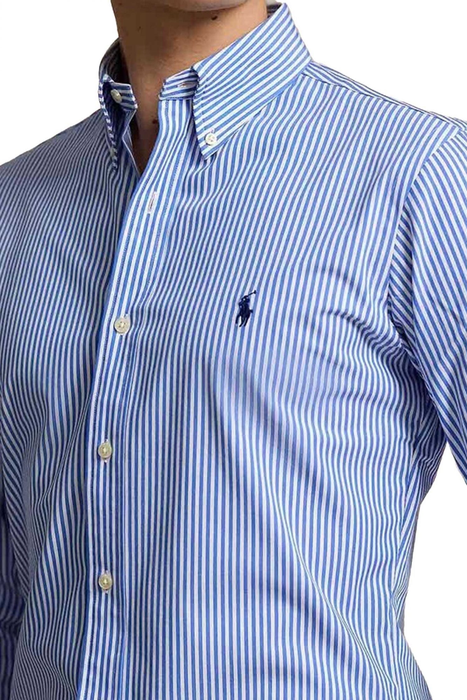 RALPH LAUREN ΠΟΥΚΑΜΙΣΟ ΡΙΓΕ BUTTON DOWN CUSTOM FIT STRETCH ΣΙΕΛ-ΛΕΥΚΟ