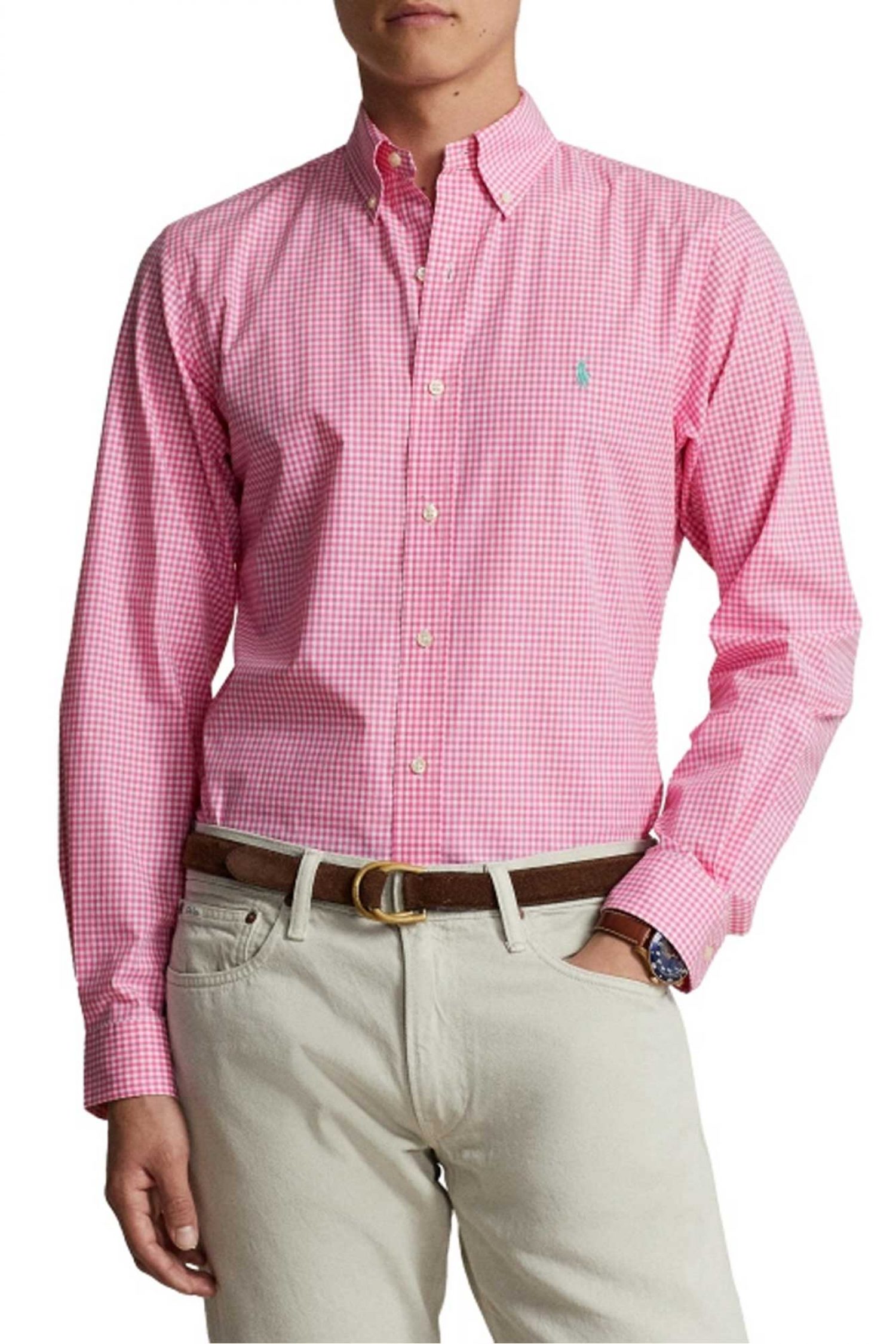 RALPH LAUREN ΠΟΥΚΑΜΙΣΟ ΚΑΡΩ BUTTON DOWN CUSTOM FIT ΡΟΖ-ΛΕΥΚΟ φωτογραφία