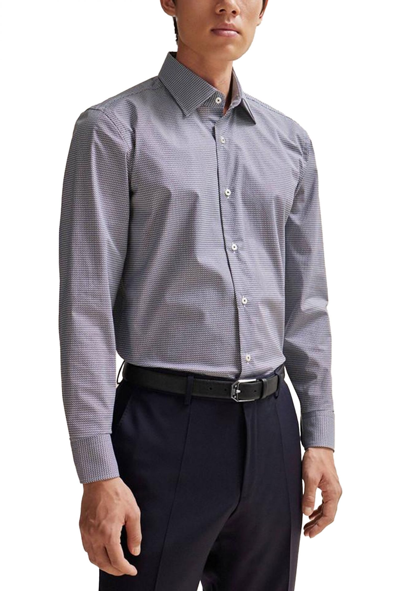 BOSS ΠΟΥΚΑΜΙΣΟ ΜΙΚΡΟΣΧΕΔΙΟ SLIM FIT STRETCH H-HANK-KENT-C1-214 ΜΠΛΕ-ΛΕΥΚΟ