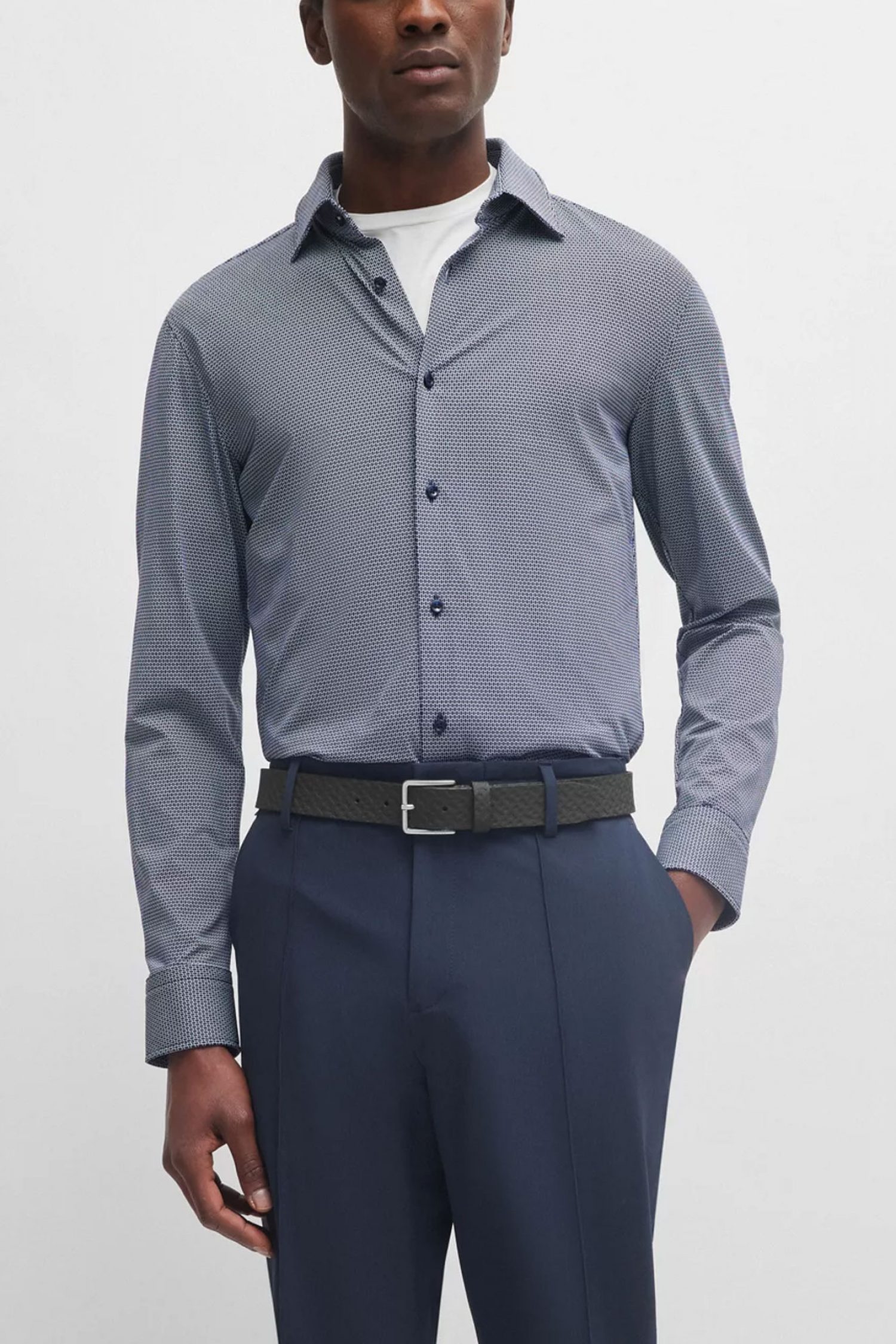 BOSS PERFORMANCE ΠΟΥΚΑΜΙΣΟ ΜΙΚΡΟΣΧΕΔΙΟ SLIM FIT P-HANK-KENT-C1-222 ΜΠΛΕ-ΛΕΥΚΟ φωτογραφία