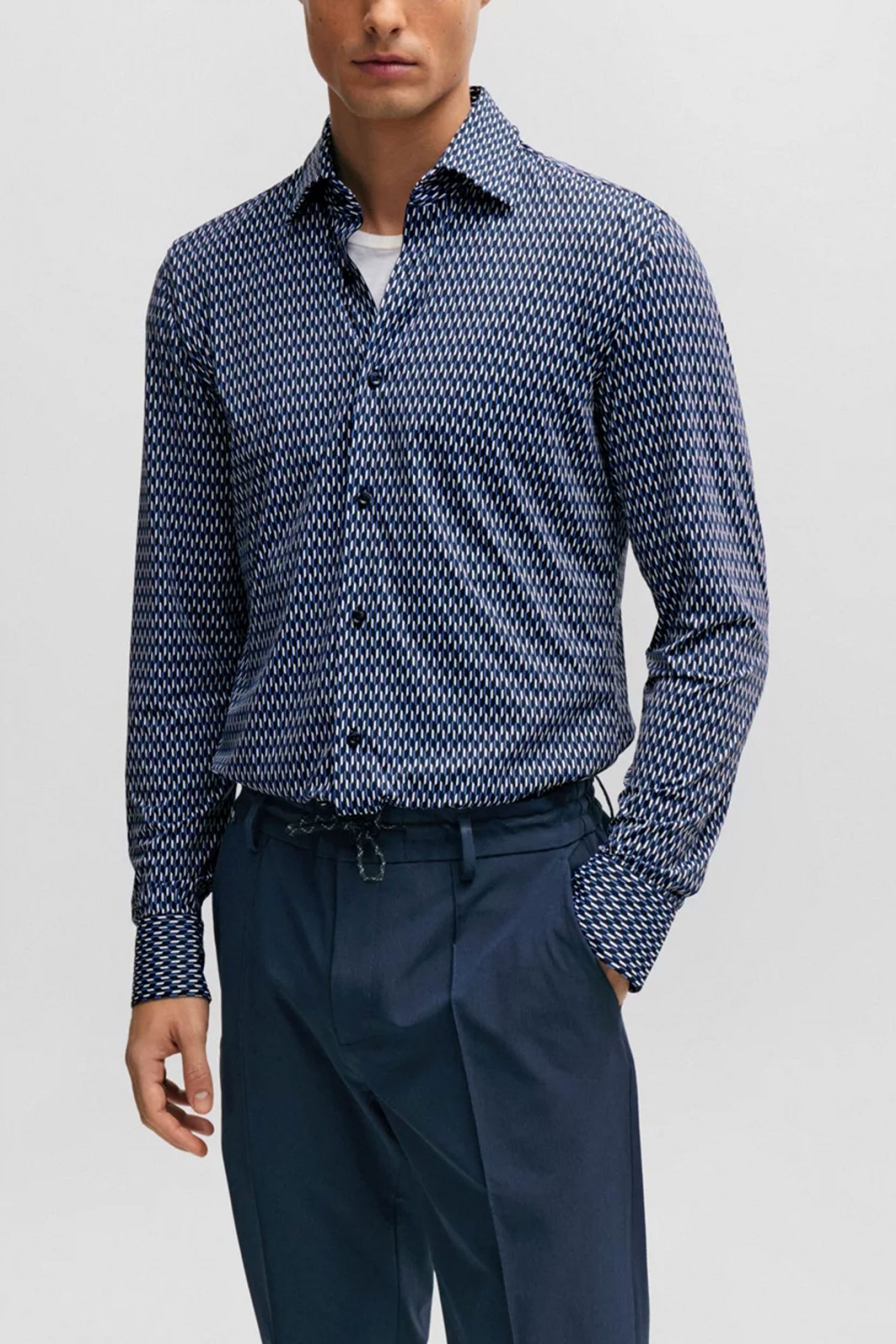 BOSS PERFORMANCE ΠΟΥΚΑΜΙΣΟ ΜΙΚΡΟΣΧΕΔΙΟ SLIM FIT P-HANK-KENT-C1-222 ΜΠΛΕ-ΛΕΥΚΟ-ΜΑΥΡΟ φωτογραφία