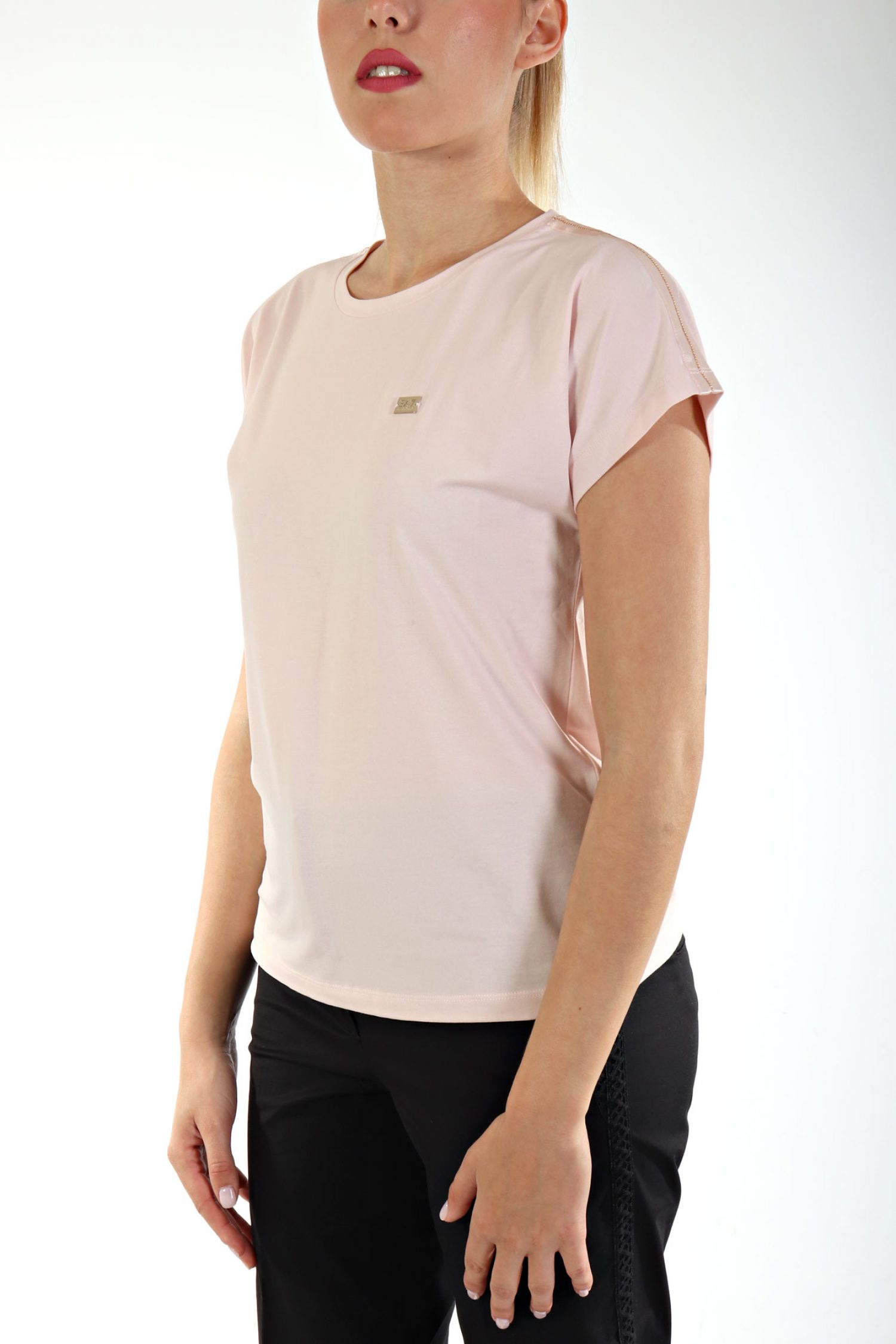 ARMANI 7 T-SHIRT ΛΑΙΜΟΚΟΨΗ ΜΕΤΑΛΛΙΚΗ ΛΕΠΤΟΜΕΡΕΙΑ LOGO ΡΟΖ φωτογραφία