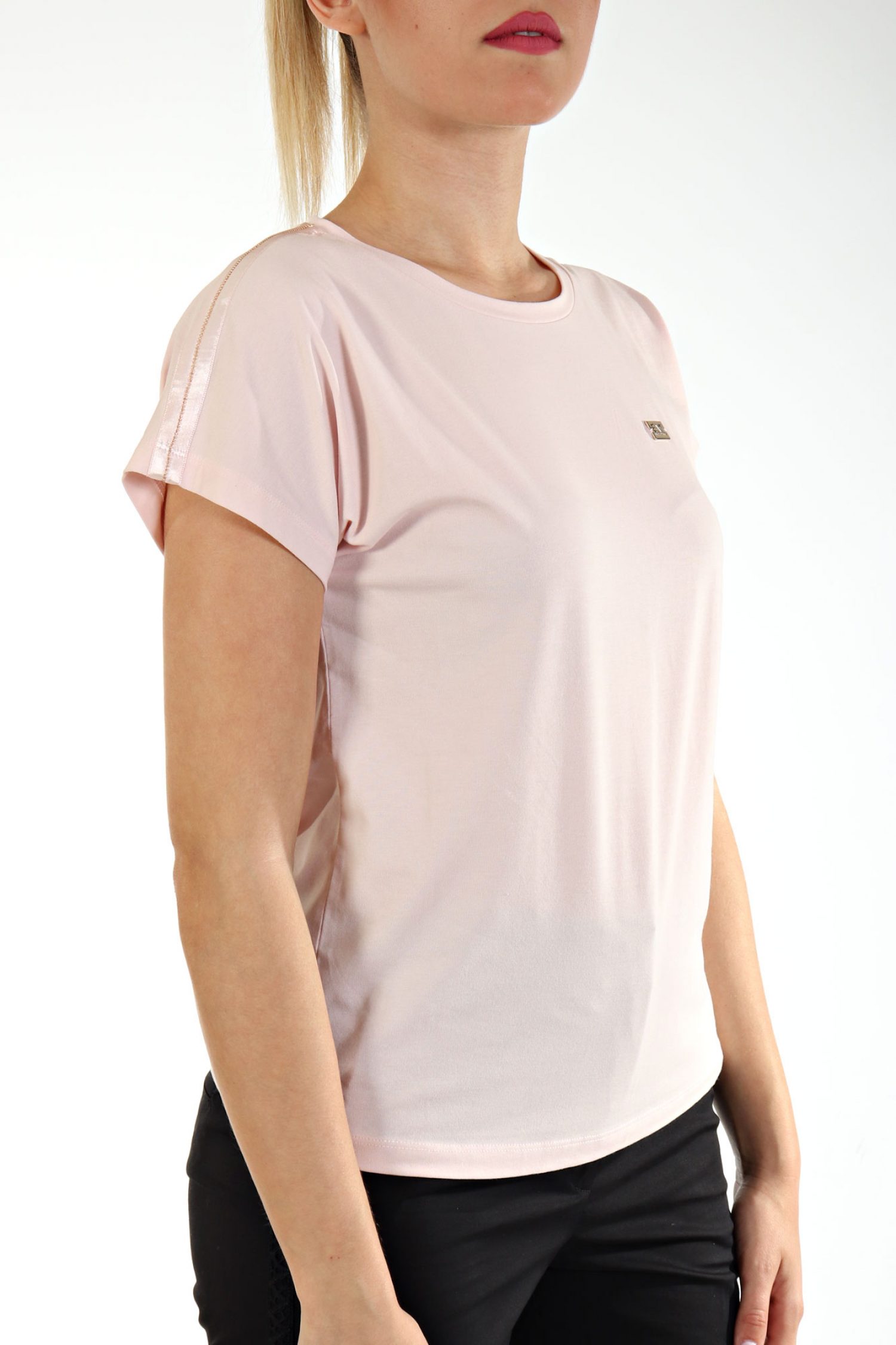 ARMANI 7 T-SHIRT ΛΑΙΜΟΚΟΨΗ ΜΕΤΑΛΛΙΚΗ ΛΕΠΤΟΜΕΡΕΙΑ LOGO ΡΟΖ φωτογραφία