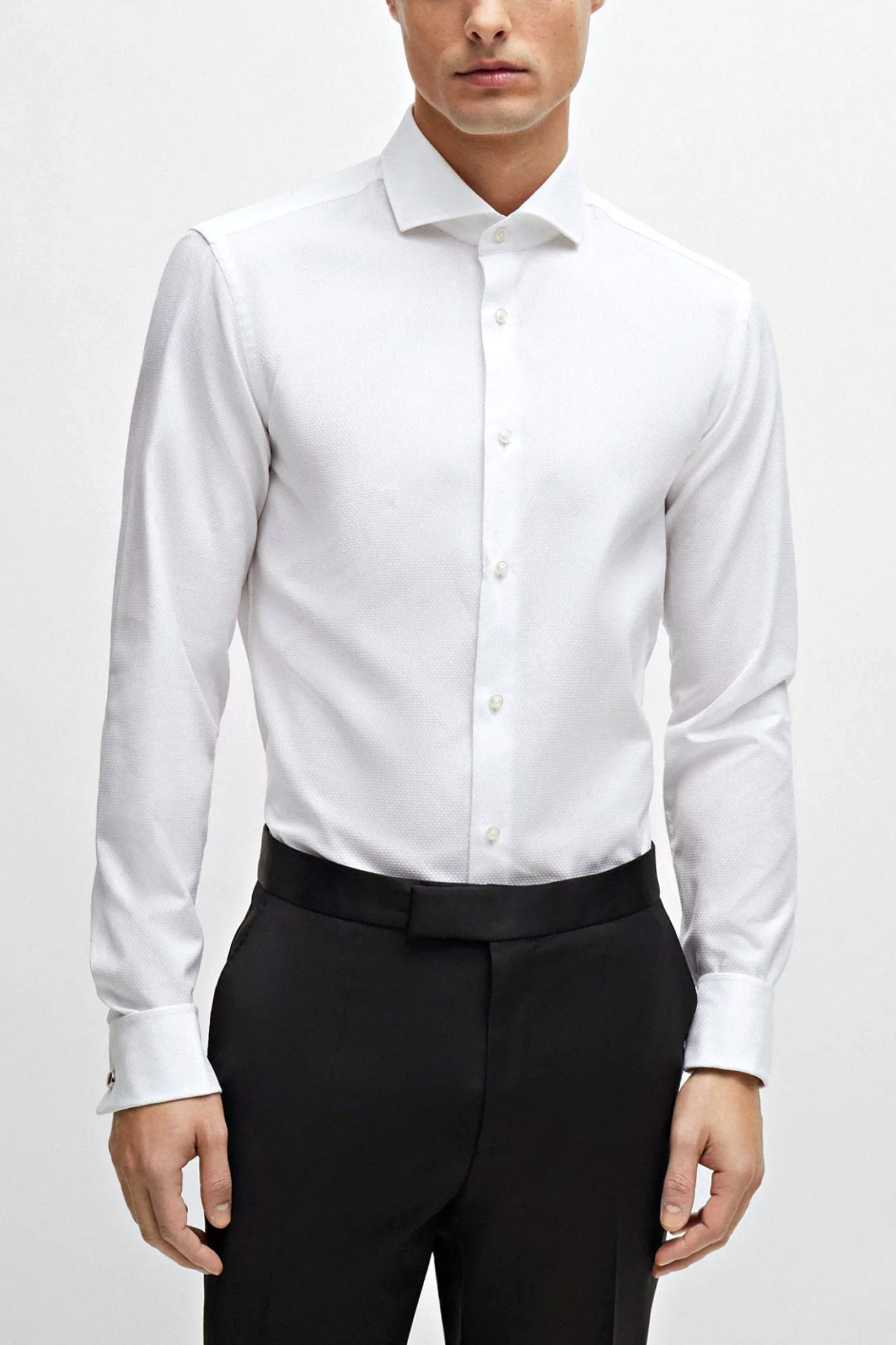 BOSS ΠΟΥΚΑΜΙΣΟ ΜΙΚΡΟΣΧΕΔΙΟ ΜΑΝΙΚΕΤΟΚΟΥΜΠΟ SLIM FIT H-HANK-SPREAD-DC-214 ΛΕΥΚΟ