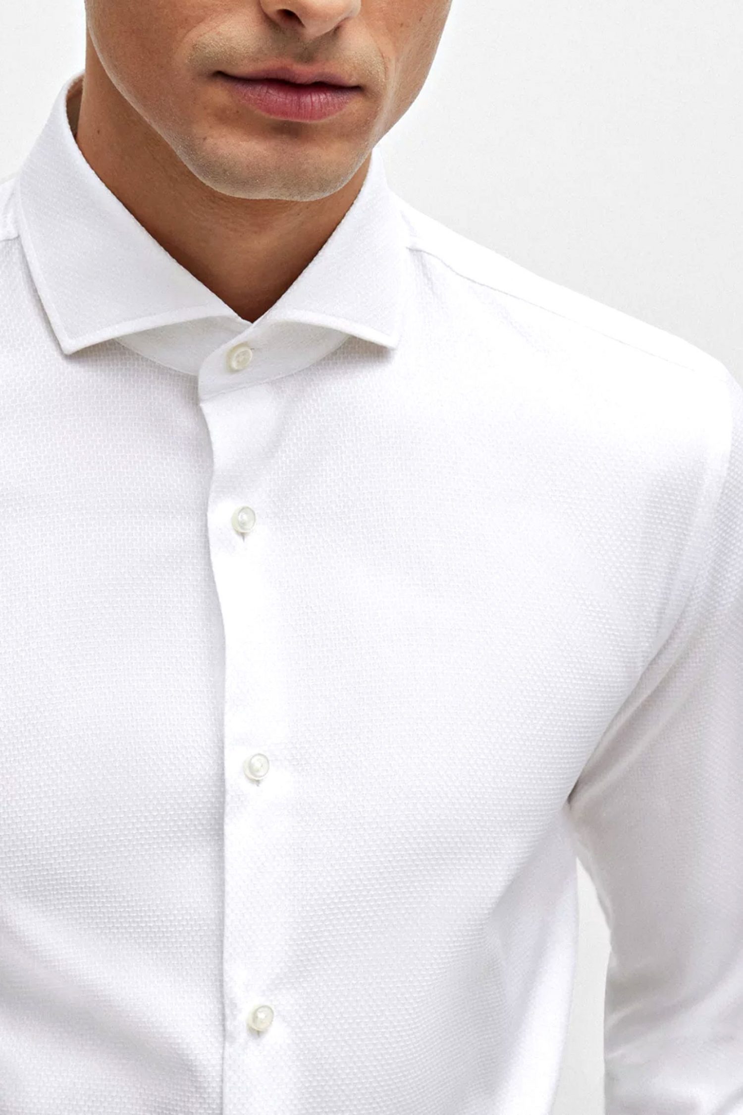 BOSS ΠΟΥΚΑΜΙΣΟ ΜΙΚΡΟΣΧΕΔΙΟ ΜΑΝΙΚΕΤΟΚΟΥΜΠΟ SLIM FIT H-HANK-SPREAD-DC-214 ΛΕΥΚΟ