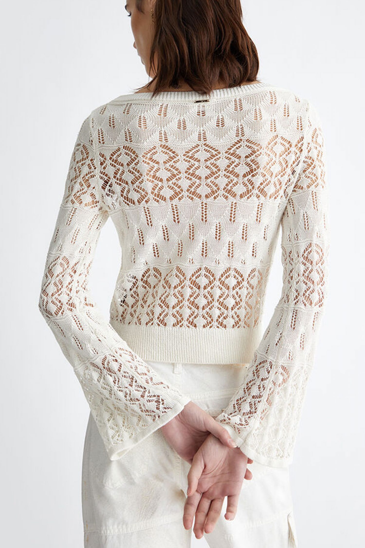 LIU-JO ΜΠΛΟΥΖΑ ΠΛΕΚΤΟ ALL OVER GEOMETRIC LACE PATTERN ΕΚΡΟΥ