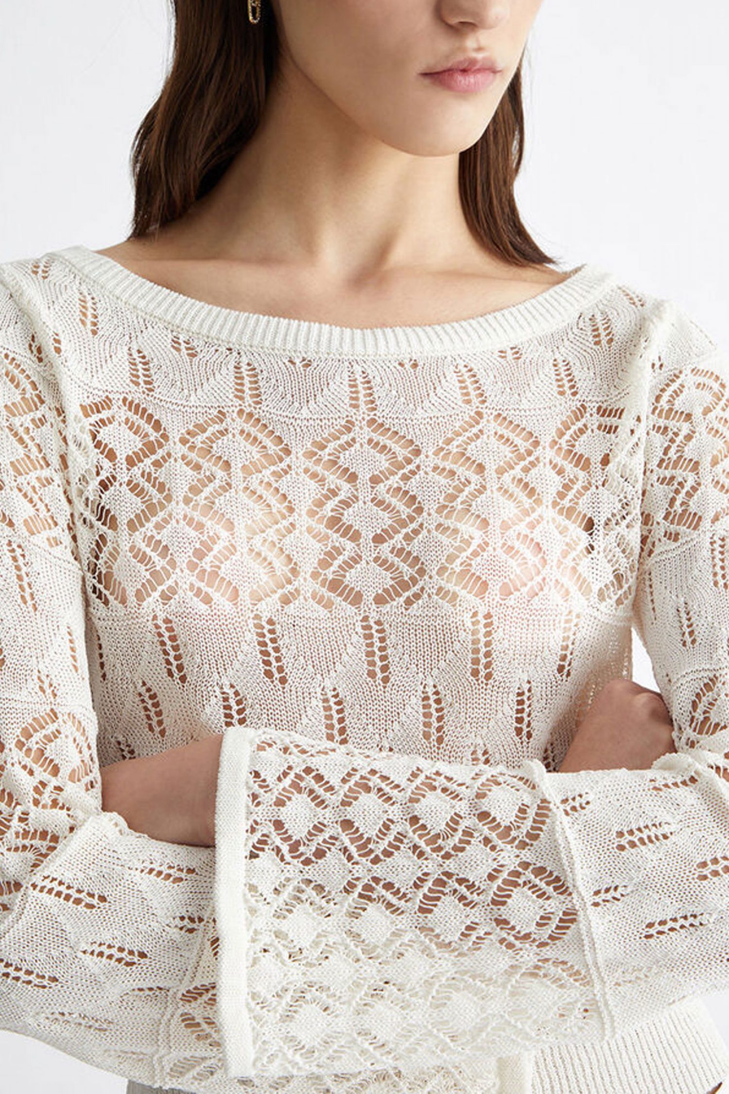 LIU-JO ΜΠΛΟΥΖΑ ΠΛΕΚΤΟ ALL OVER GEOMETRIC LACE PATTERN ΕΚΡΟΥ