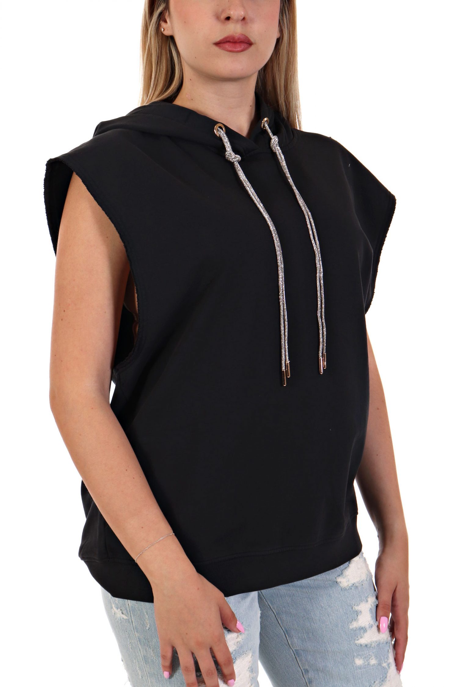 PINKO TOP HOODIE MINERVA MAGLIA FELPA LAVATA SILK ΚΟΡΔΟΝΙ ΣΤΡΑΣ ΜΑΥΡΟ