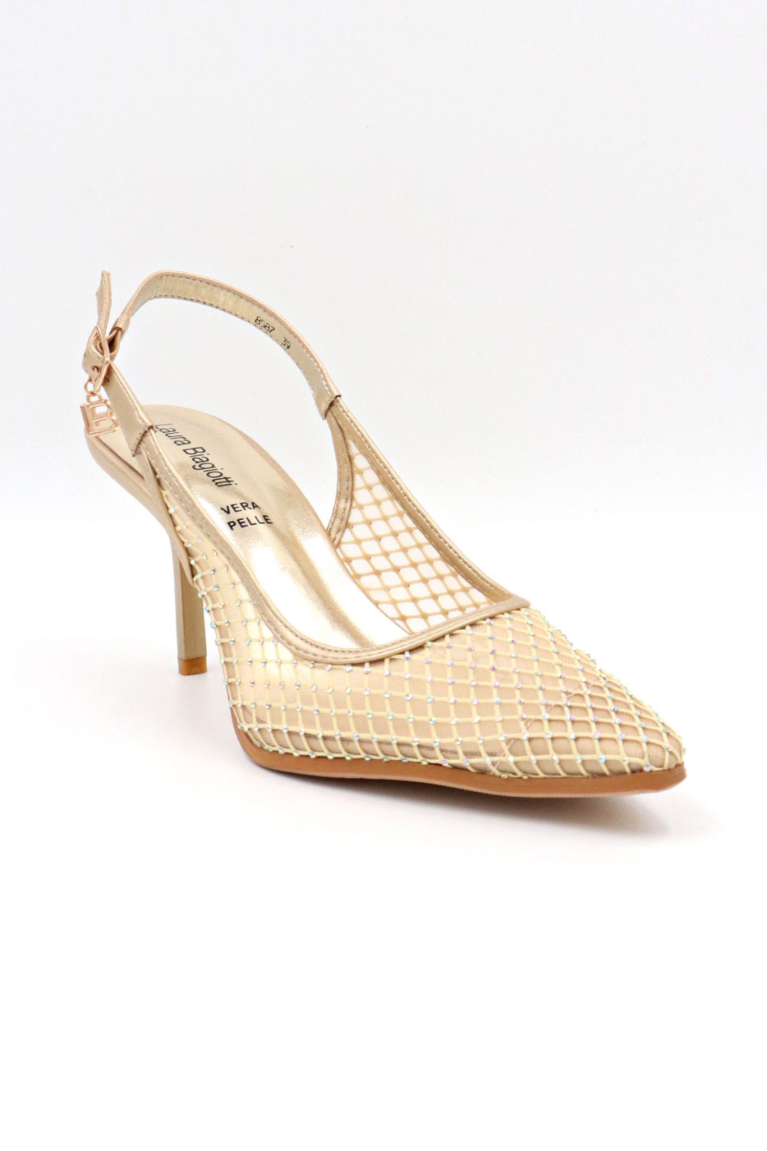 LAURA BIAGIOTTI ΠΑΠΟΥΤΣΙΑ ΠΕΔΙΛΑ ΔΙΧΤΥ ΣΤΡΑΣ LOGO MΠΕΖ/ΧΡΥΣΟ φωτογραφία