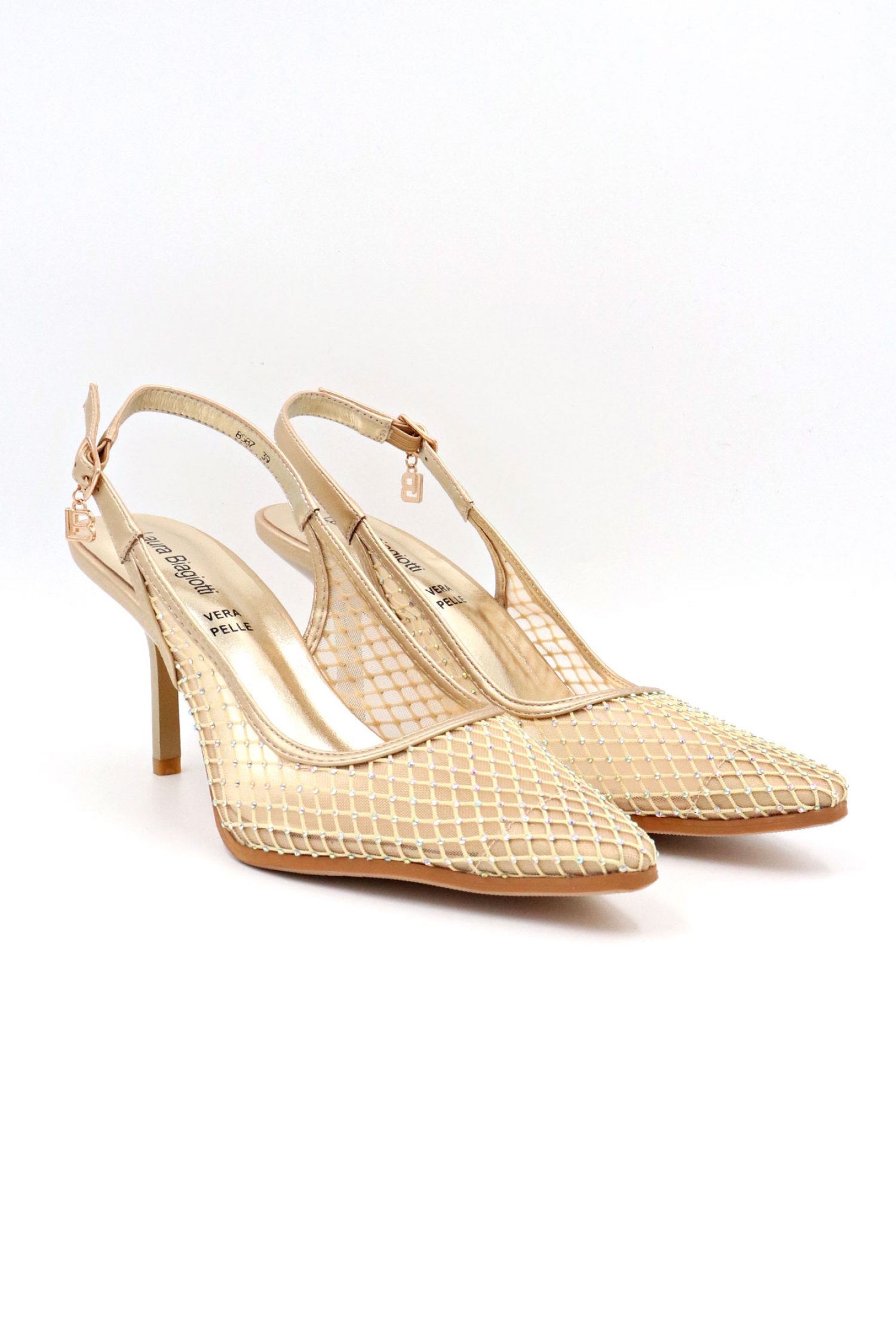 LAURA BIAGIOTTI ΠΑΠΟΥΤΣΙΑ ΠΕΔΙΛΑ ΔΙΧΤΥ ΣΤΡΑΣ LOGO MΠΕΖ/ΧΡΥΣΟ φωτογραφία