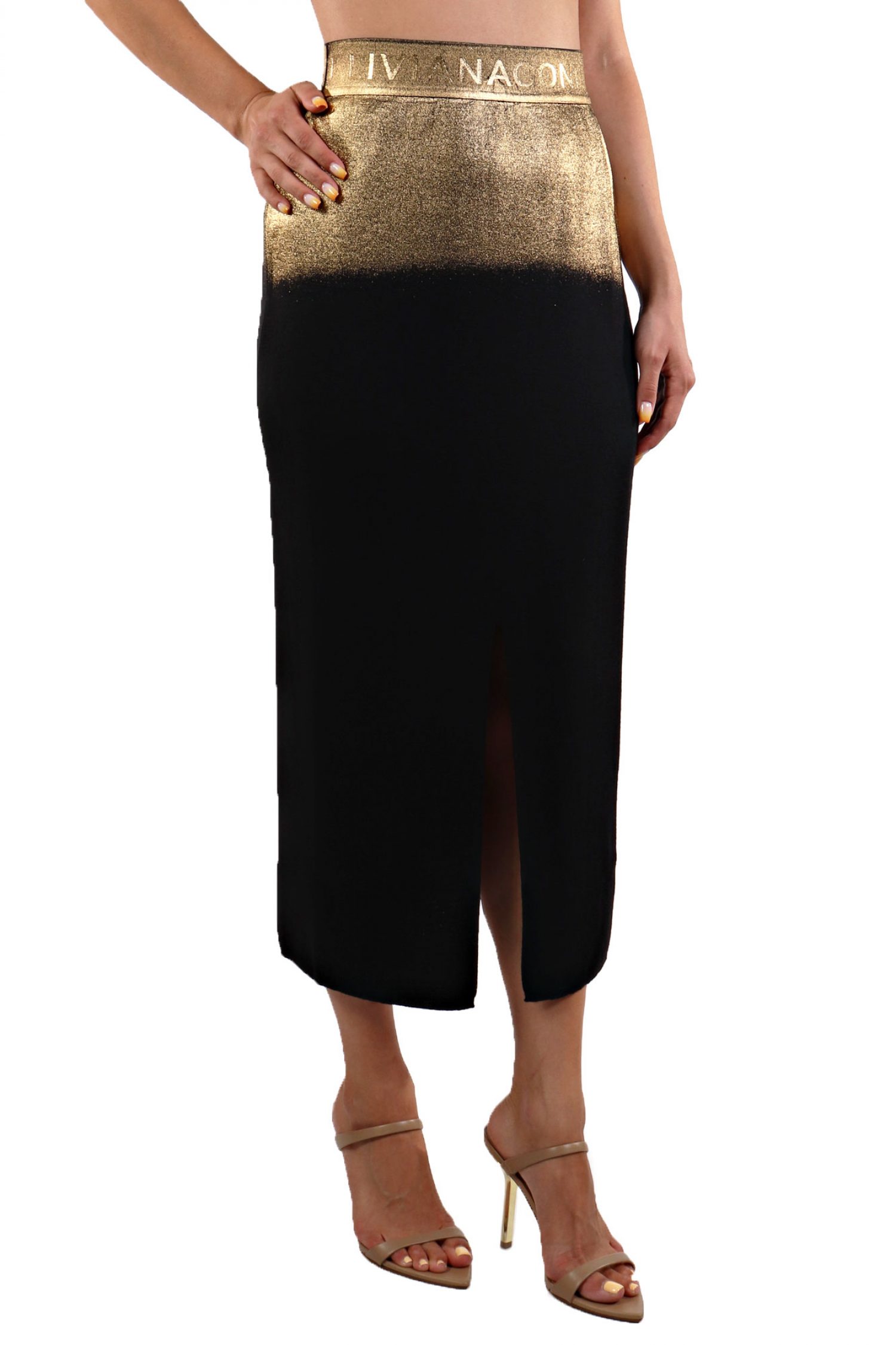 LIVIANA CONTI ΦΟΥΣΤΑ MIDI ΖΩΝΗ ΕΛΑΣΤΙΚΗ LOGO ΑΝΟΙΓΜΑ ΠΙΣΩ ΧΡΥΣΟ/ΜΑΥΡΟ