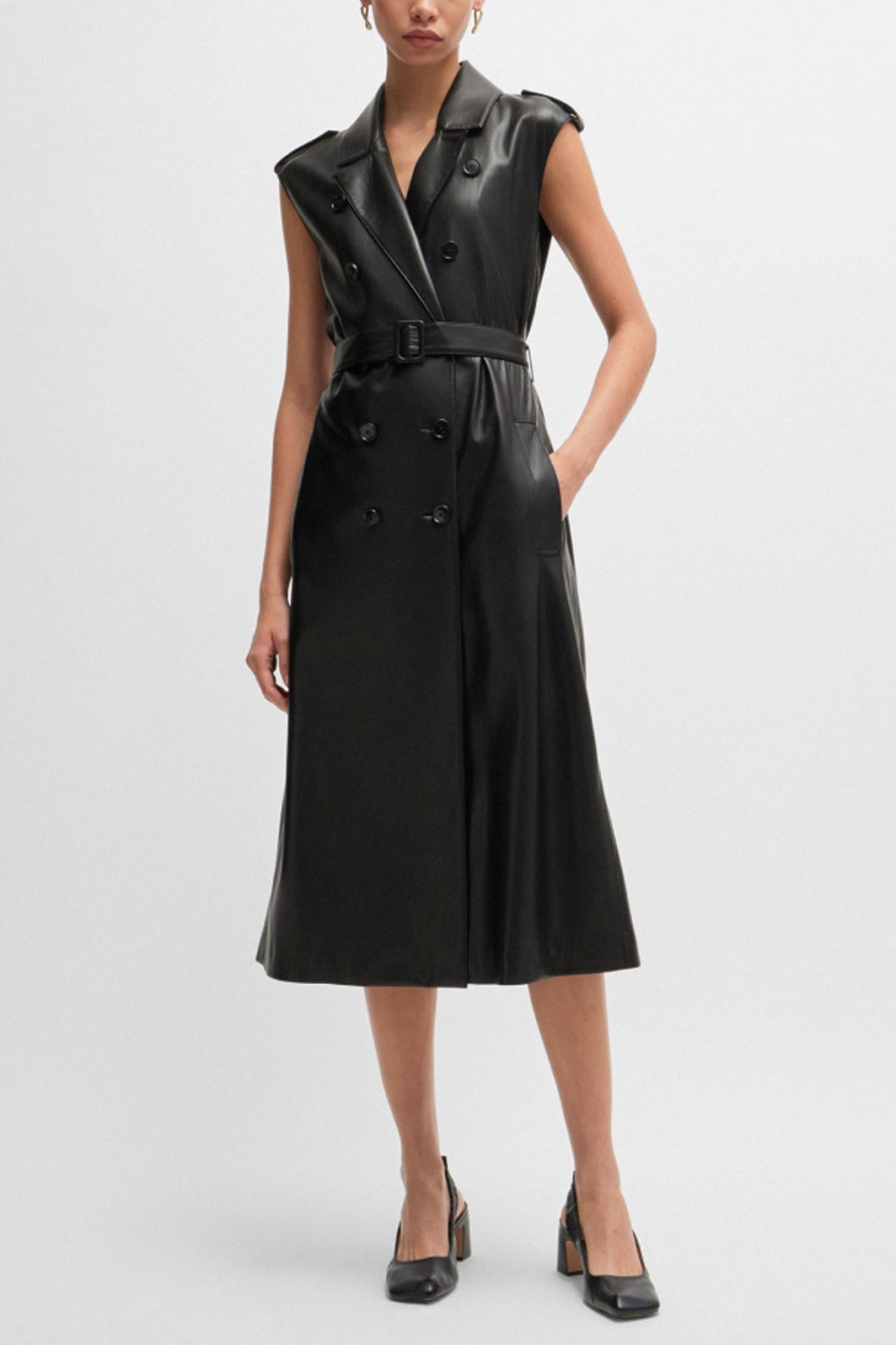 BOSS ΦΟΡΕΜΑ DUJETA ΑΜΑΝΙΚΟ ΓΙΑΚΑΣ ΠΕΤΟ ΣΤΑΥΡΩΤΟ ΖΩΝΗ FAUX LEATHER ΜΑΥΡΟ φωτογραφία