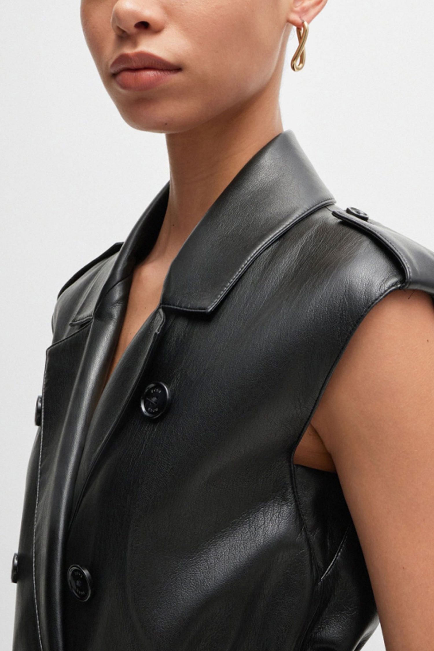 BOSS ΦΟΡΕΜΑ DUJETA ΑΜΑΝΙΚΟ ΓΙΑΚΑΣ ΠΕΤΟ ΣΤΑΥΡΩΤΟ ΖΩΝΗ FAUX LEATHER ΜΑΥΡΟ φωτογραφία