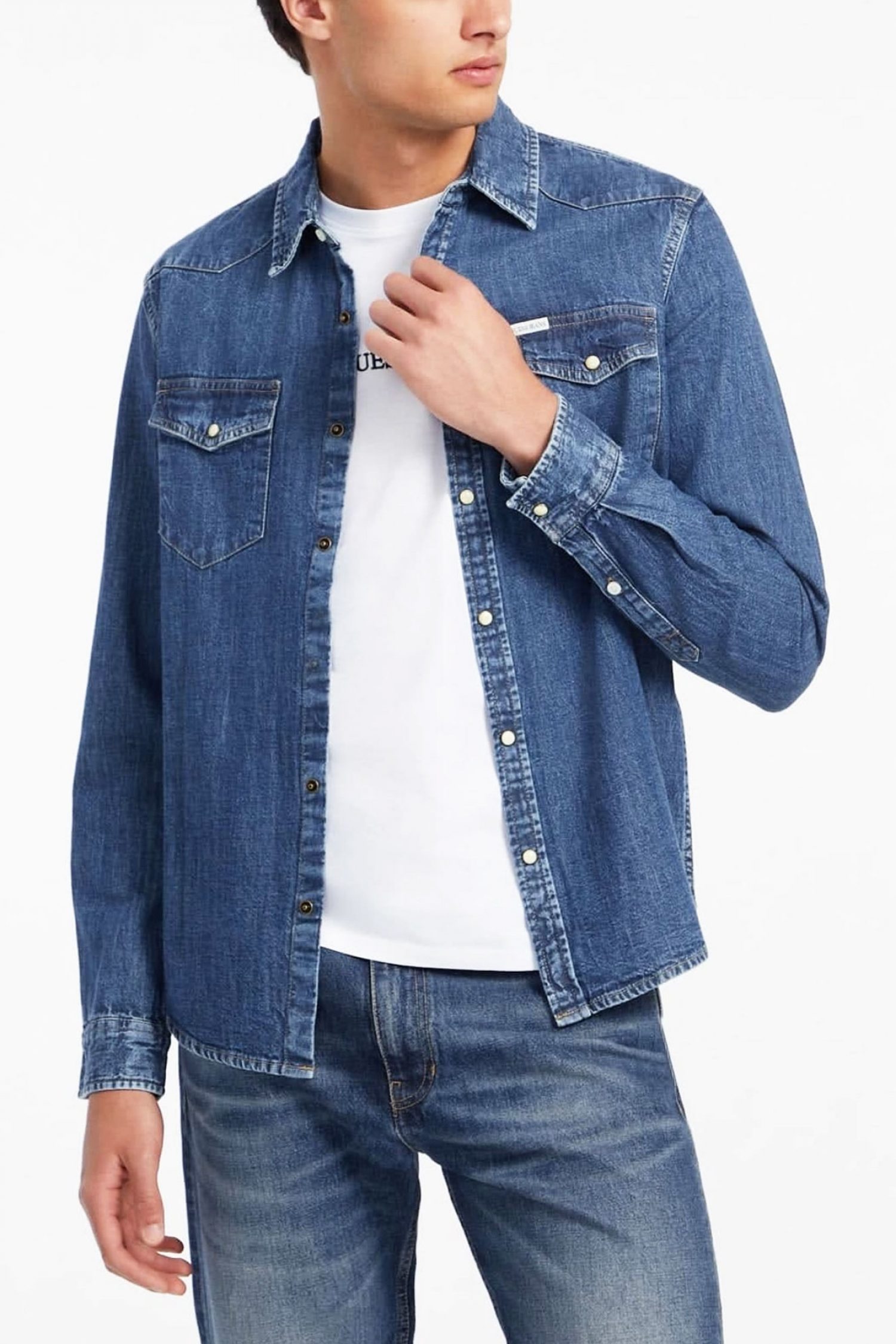 GUESS JEANS ΠΟΥΚΑΜΙΣΟ JEANS SLIM FIT ΜΠΛΕ