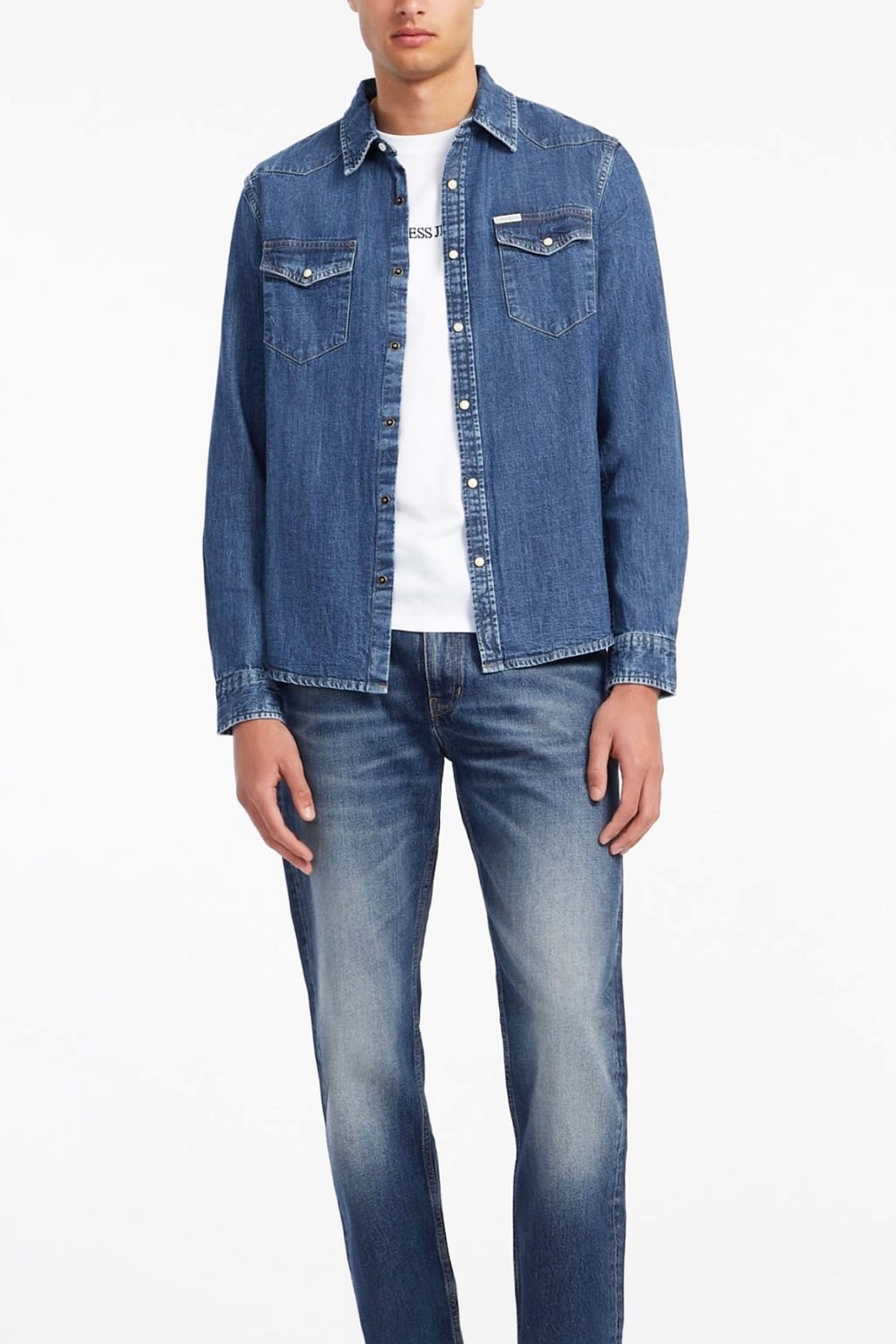 GUESS JEANS ΠΟΥΚΑΜΙΣΟ JEANS SLIM FIT ΜΠΛΕ