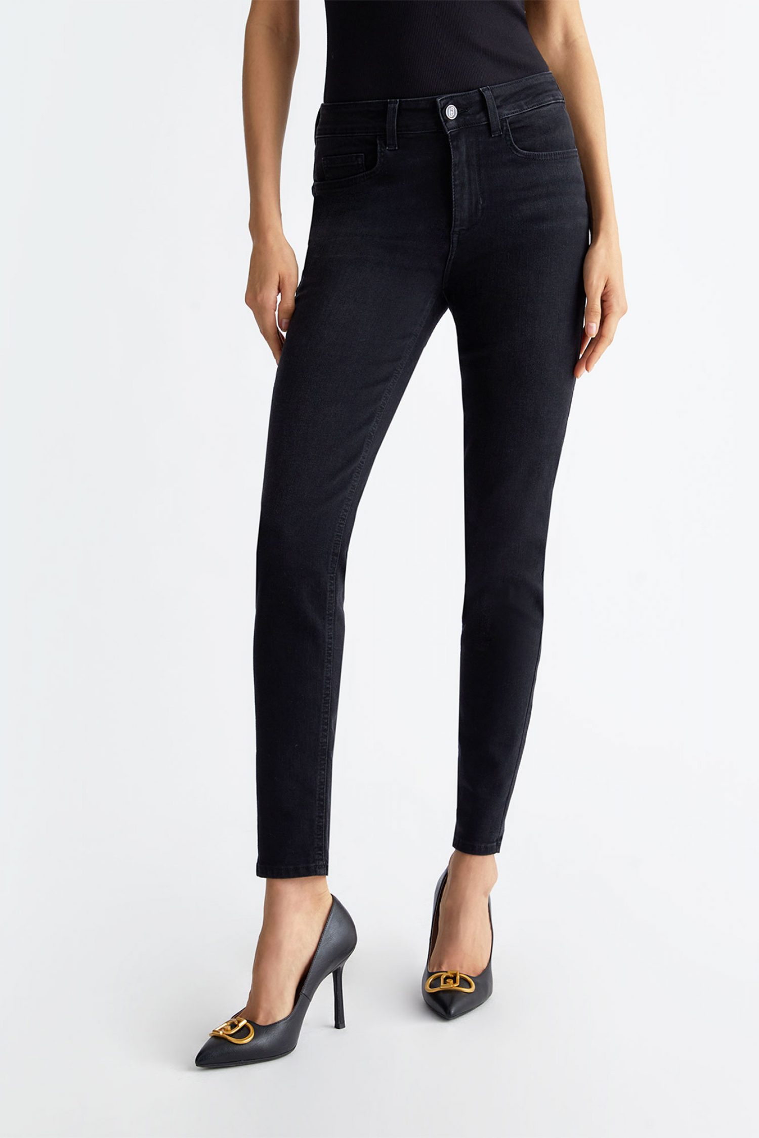 LIU JO ΠΑΝΤΕΛΟΝΙ JEANS ΠΕΝΤΑΤΣΕΠΟ ΨΗΛΟΜΕΣΟ SLIM FIT STRASS ΤΣΕΠΗ ΜΑΥΡΟ