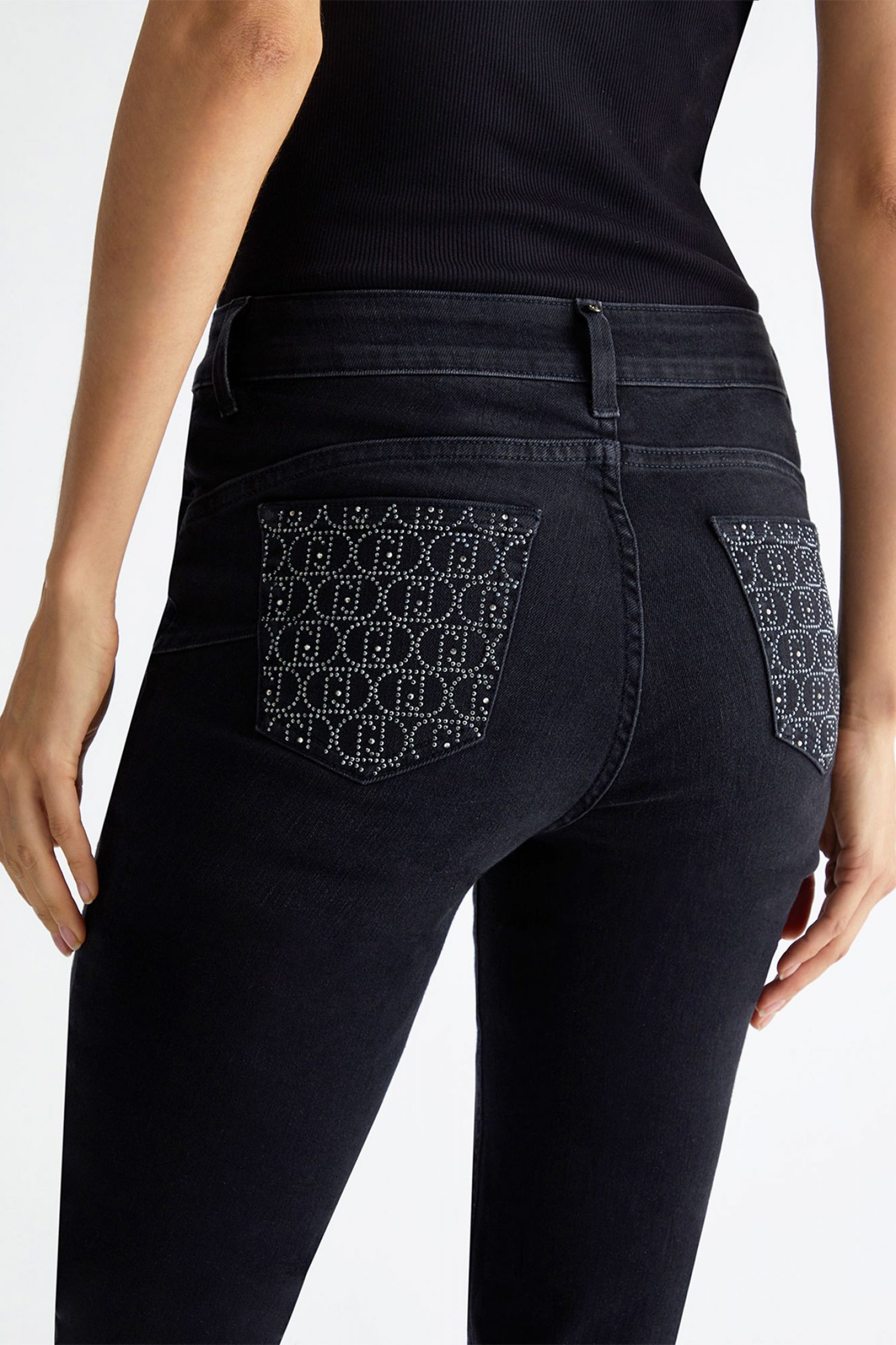 LIU JO ΠΑΝΤΕΛΟΝΙ JEANS ΠΕΝΤΑΤΣΕΠΟ ΨΗΛΟΜΕΣΟ SLIM FIT STRASS ΤΣΕΠΗ ΜΑΥΡΟ