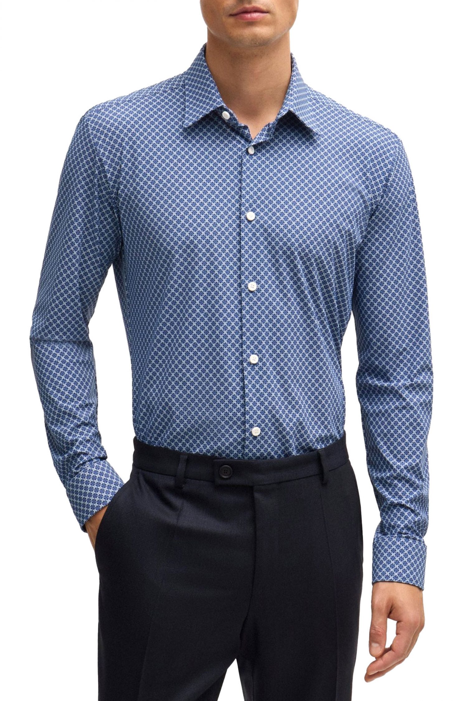 BOSS ΠΟΥΚΑΜΙΣΟ ΜΙΚΡΟΣΧΕΔΙΟ SLIM FIT P-ROAN-KENT-C1-233 ΜΠΛΕ