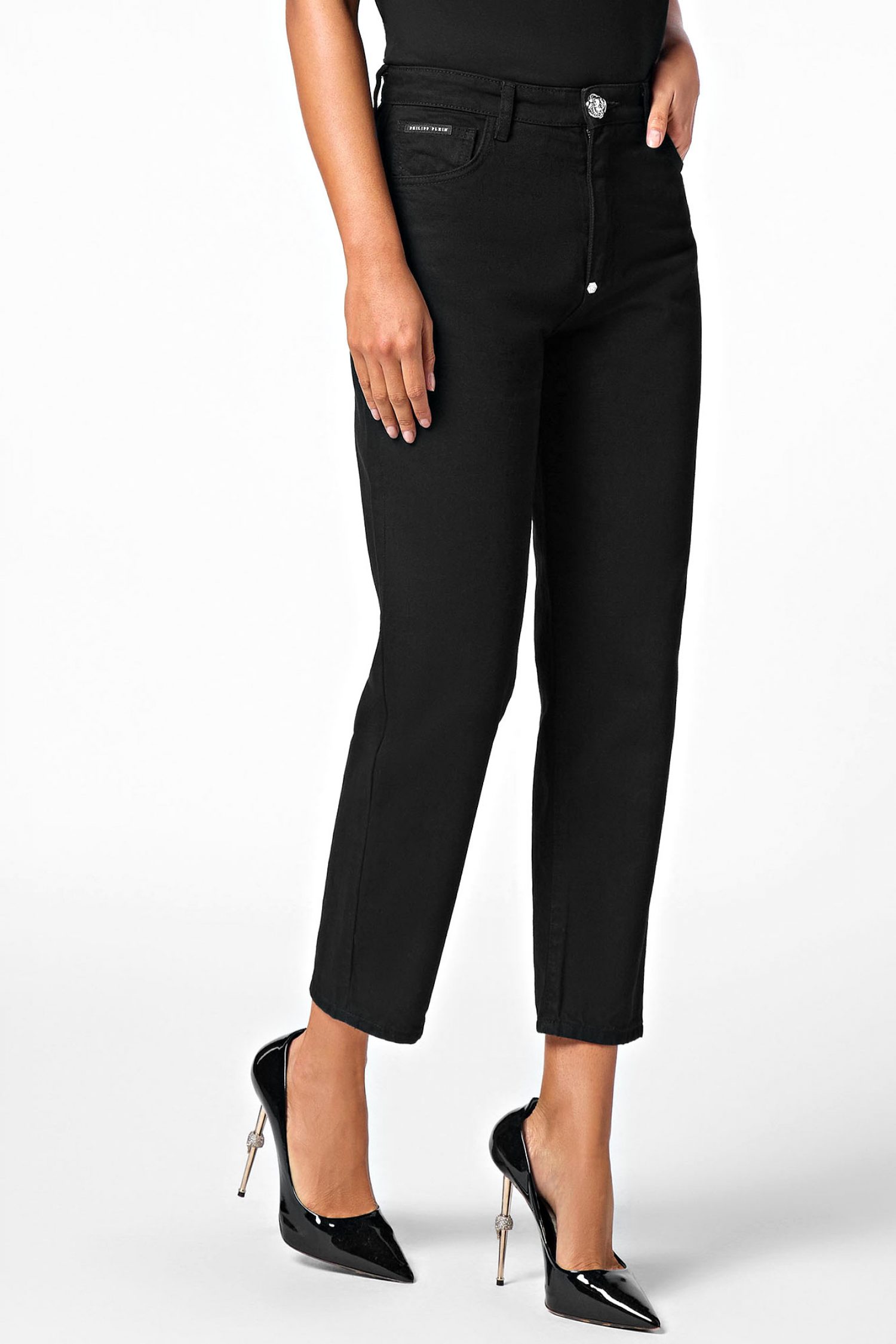 PHILIPP PLEIN ΠΑΝΤΕΛΟΝΙ JEANS MOM FIT HEXAGON LOGO ΜΕΤΑΛΛΙΚΟ ΜΑΥΡΟ