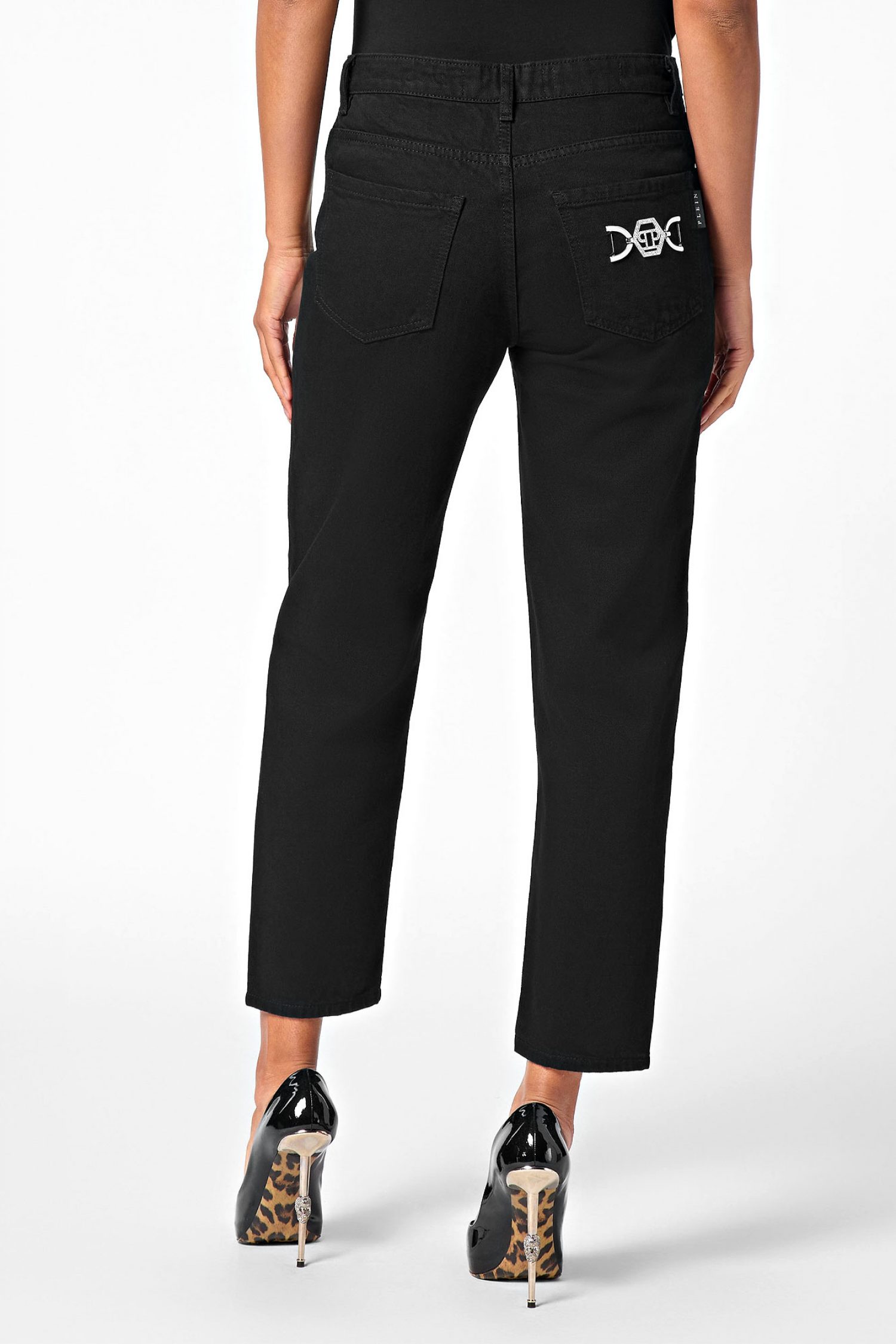 PHILIPP PLEIN ΠΑΝΤΕΛΟΝΙ JEANS MOM FIT HEXAGON LOGO ΜΕΤΑΛΛΙΚΟ ΜΑΥΡΟ