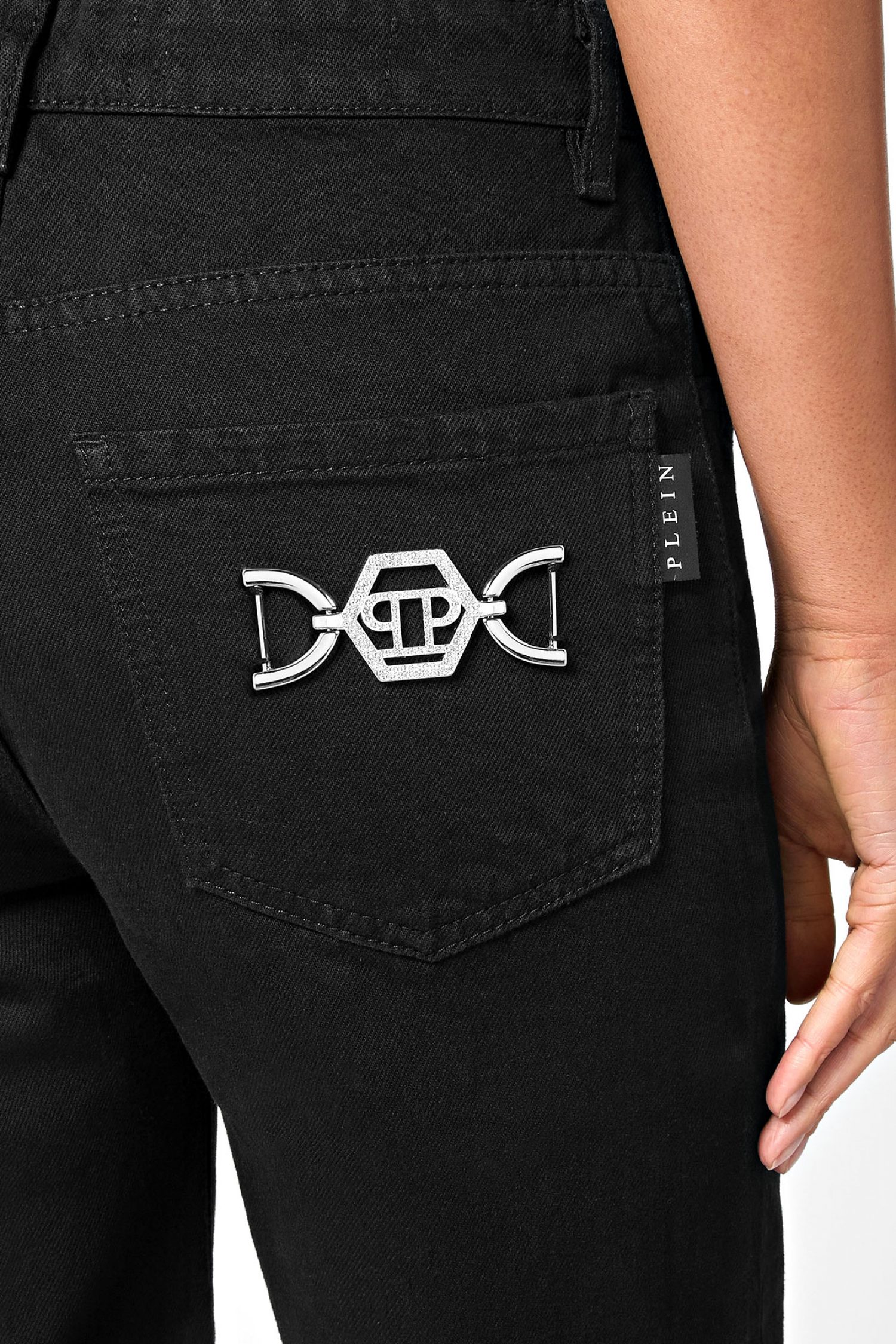 PHILIPP PLEIN ΠΑΝΤΕΛΟΝΙ JEANS MOM FIT HEXAGON LOGO ΜΕΤΑΛΛΙΚΟ ΜΑΥΡΟ