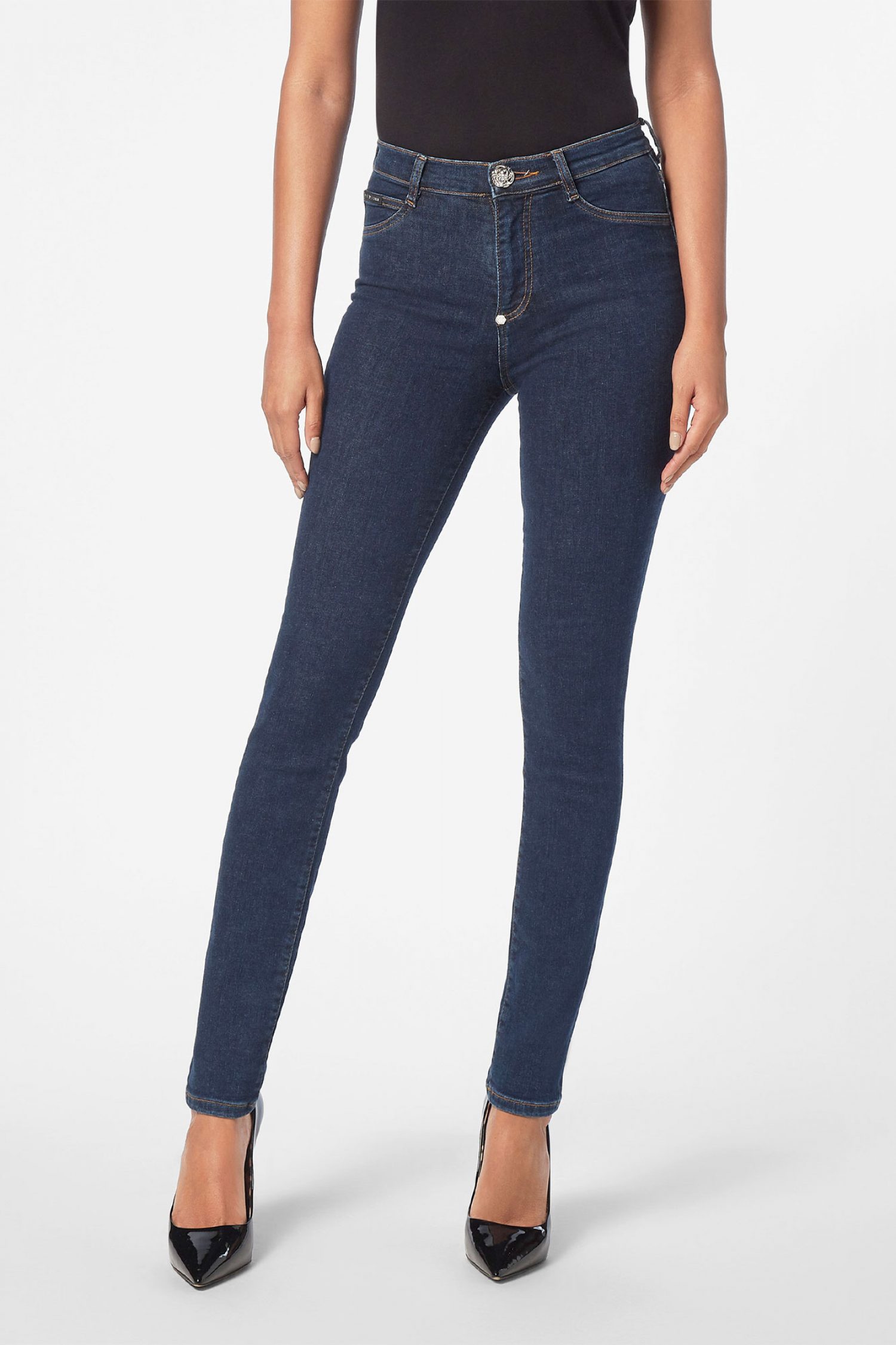 PHILIPP PLEIN ΠΑΝΤΕΛΟΝΙ JEANS HIGH WAIST JEGGING HEXAGON LOGO ΜΕΤΑΛΛΙΚΟ ΣΤΡΑΣ ΜΠΛΕ