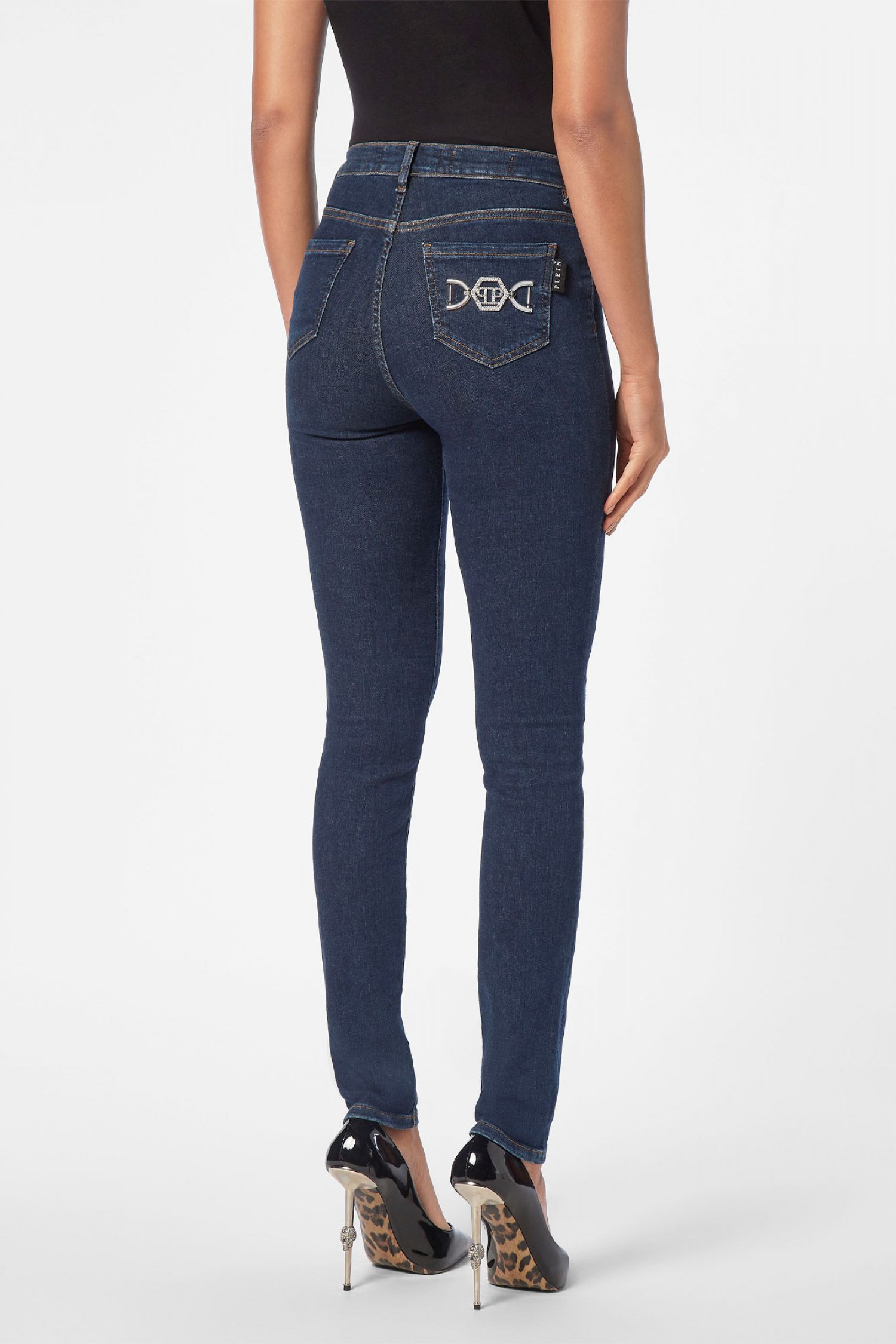 PHILIPP PLEIN ΠΑΝΤΕΛΟΝΙ JEANS HIGH WAIST JEGGING HEXAGON LOGO ΜΕΤΑΛΛΙΚΟ ΣΤΡΑΣ ΜΠΛΕ