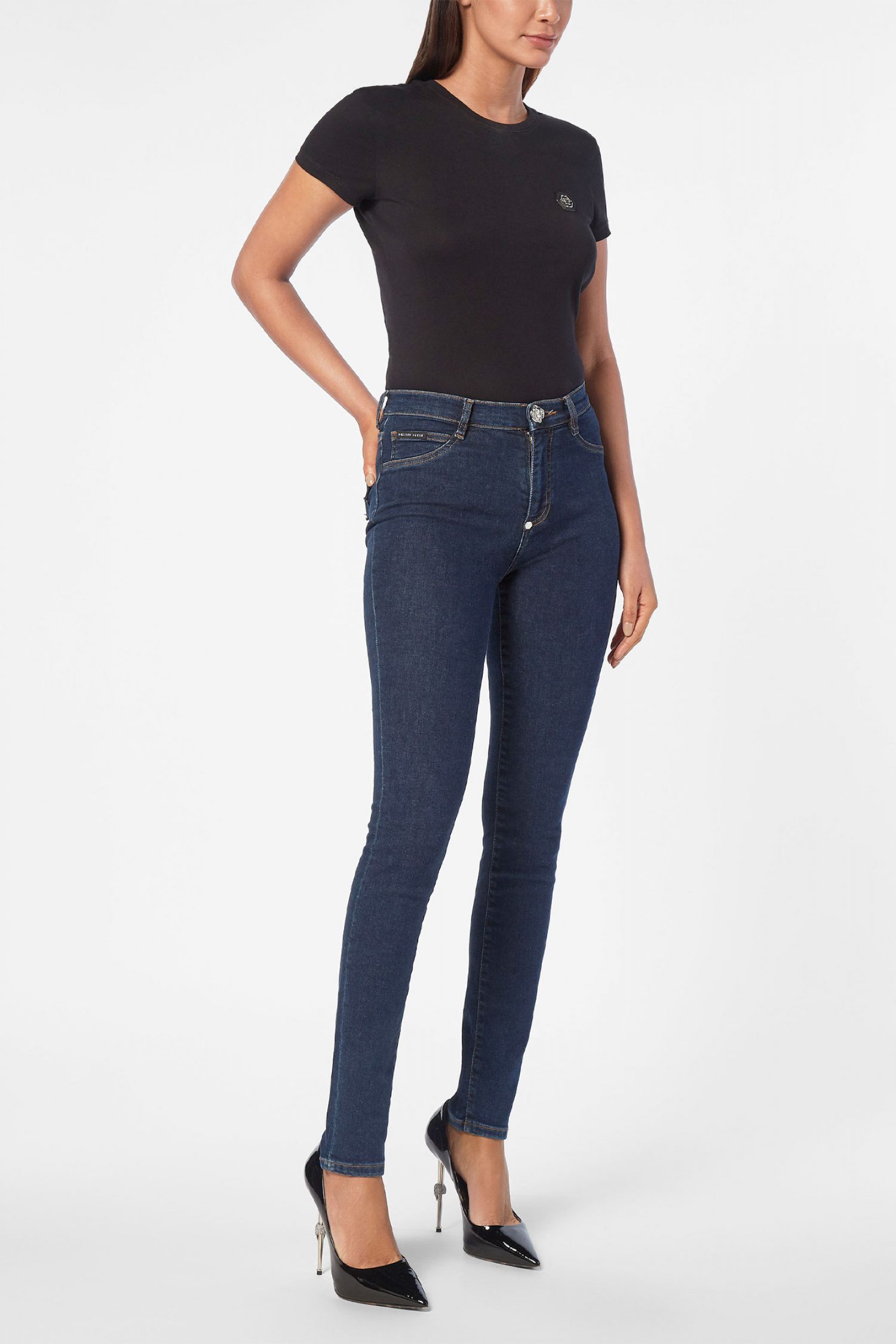 PHILIPP PLEIN ΠΑΝΤΕΛΟΝΙ JEANS HIGH WAIST JEGGING HEXAGON LOGO ΜΕΤΑΛΛΙΚΟ ΣΤΡΑΣ ΜΠΛΕ