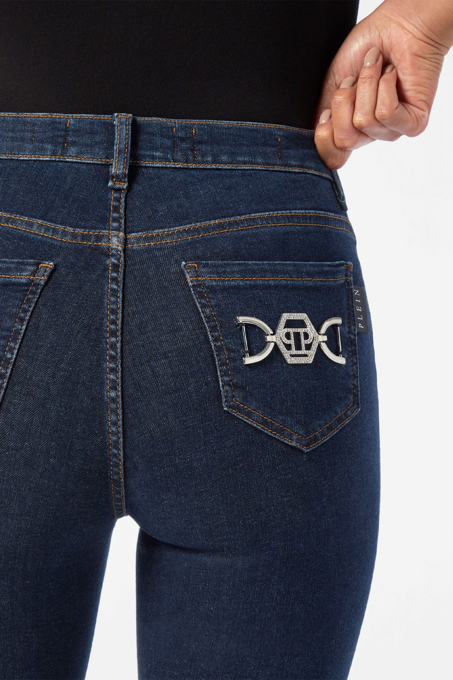 PHILIPP PLEIN ΠΑΝΤΕΛΟΝΙ JEANS HIGH WAIST JEGGING HEXAGON LOGO ΜΕΤΑΛΛΙΚΟ ΣΤΡΑΣ ΜΠΛΕ