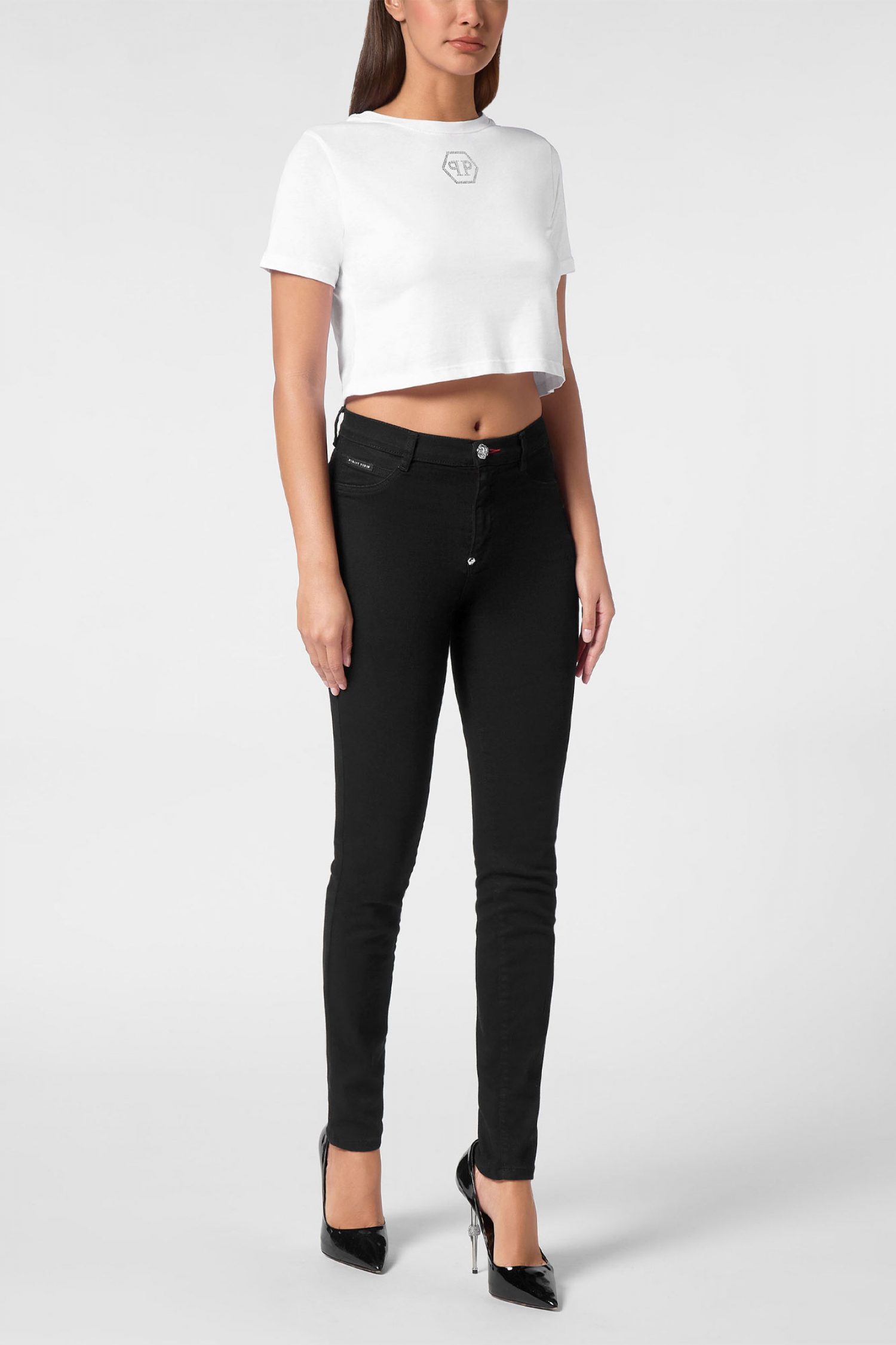 PHILIPP PLEIN T-SHIRT ROUND NECK SS CRYSTAL HEXAGON LOGO ΣΤΡΑΣ ΛΕΥΚΟ